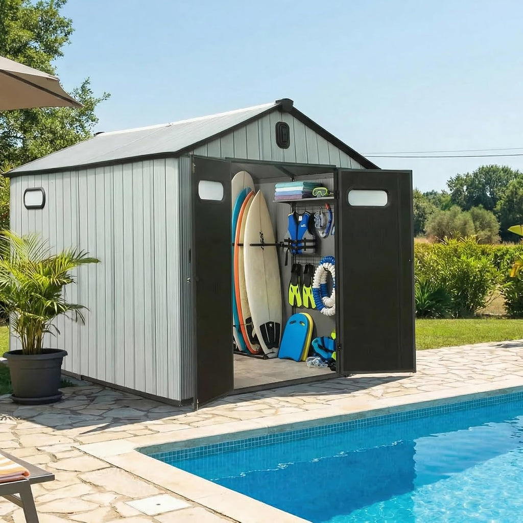 8X12FT Outdoor Resin Storage Shed Waterproof, Waterproof Plastic Garden Shed with Lockable Door, Windows & Vents, Outside Tool Storage Shed for Patio Furniture, Lawn Mower