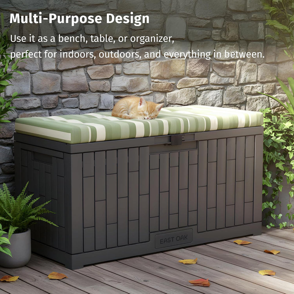 EAST OAK 120 Gallon Outdoor Storage Box, Large Resin Deck Box with Reinforced Stainless Steel Support, Waterproof & UV-Resistant Patio Storage Boxes for Cushions, Garden Tools & Pool Accessories, Grey