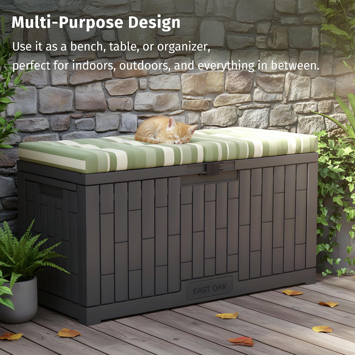 EAST OAK 120 Gallon Outdoor Storage Box, Large Resin Deck Box with Reinforced Stainless Steel Support, Waterproof & UV-Resistant Patio Storage Boxes for Cushions, Garden Tools & Pool Accessories, Grey