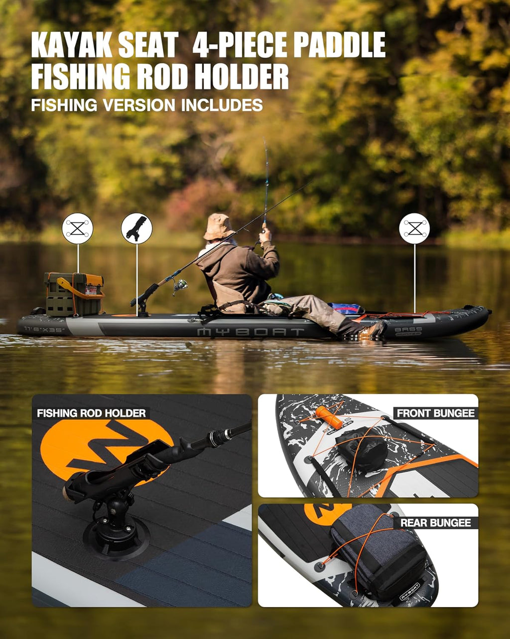 MYBOAT 11'6'×34'×6' Extra Wide Inflatable Paddle Board, Stand Up Paddle Board for Fishing, Sup Board with 3 Removable Fins, Dual Bungees, Camera Mount, Hand Pump, Strong Paddle,Leash