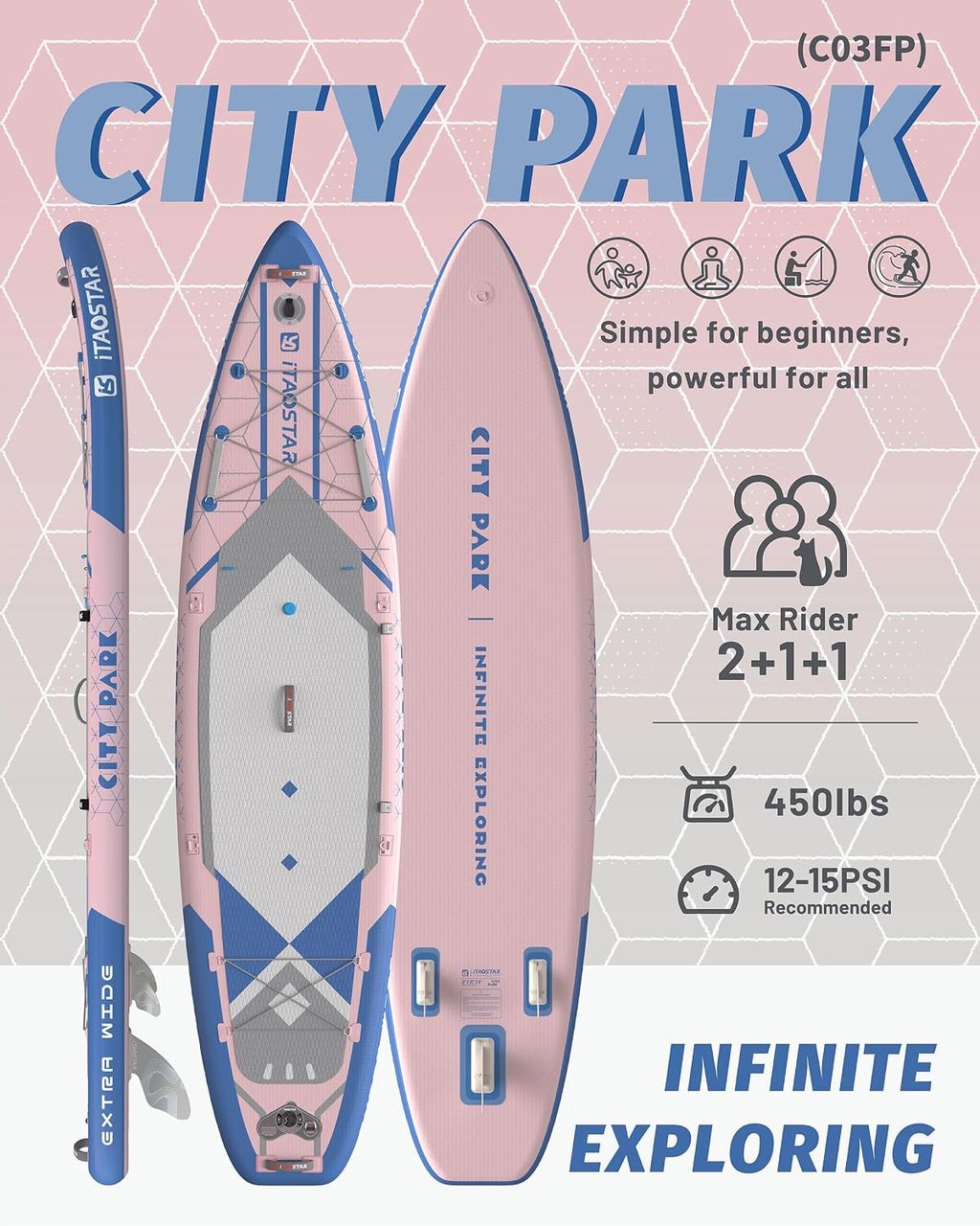 iTAOSTAR City Park 12'×35' Extra Wide Paddle Board with Seat, One-Stop Premium SUP Board Gears, Tailored 5 Fins, Stable Inflatable Stand Up Paddle Boards for Youth/Adults of All Levels
