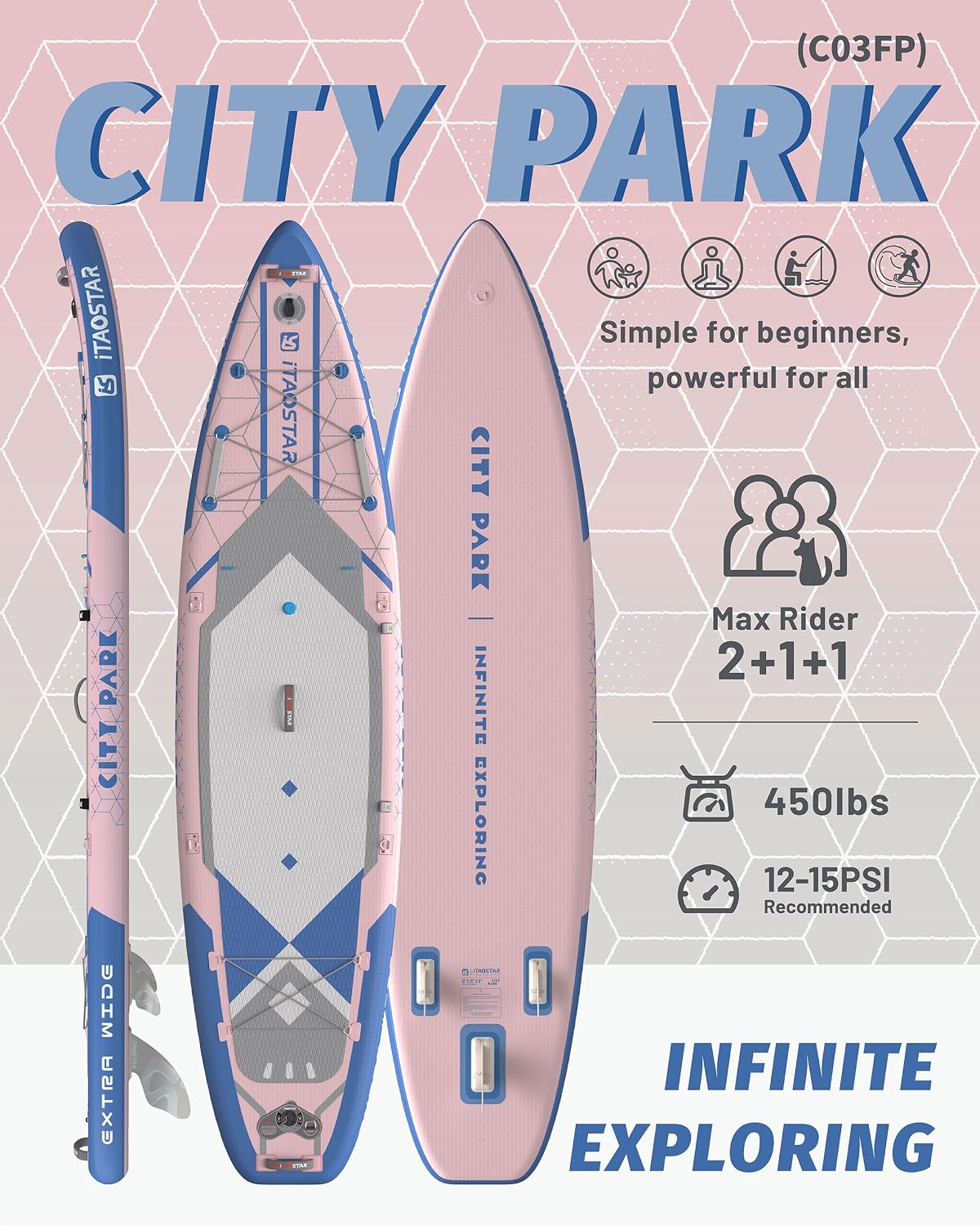 iTAOSTAR City Park 12'×35' Extra Wide Paddle Board with Seat, One-Stop Premium SUP Board Gears, Tailored 5 Fins, Stable Inflatable Stand Up Paddle Boards for Youth/Adults of All Levels