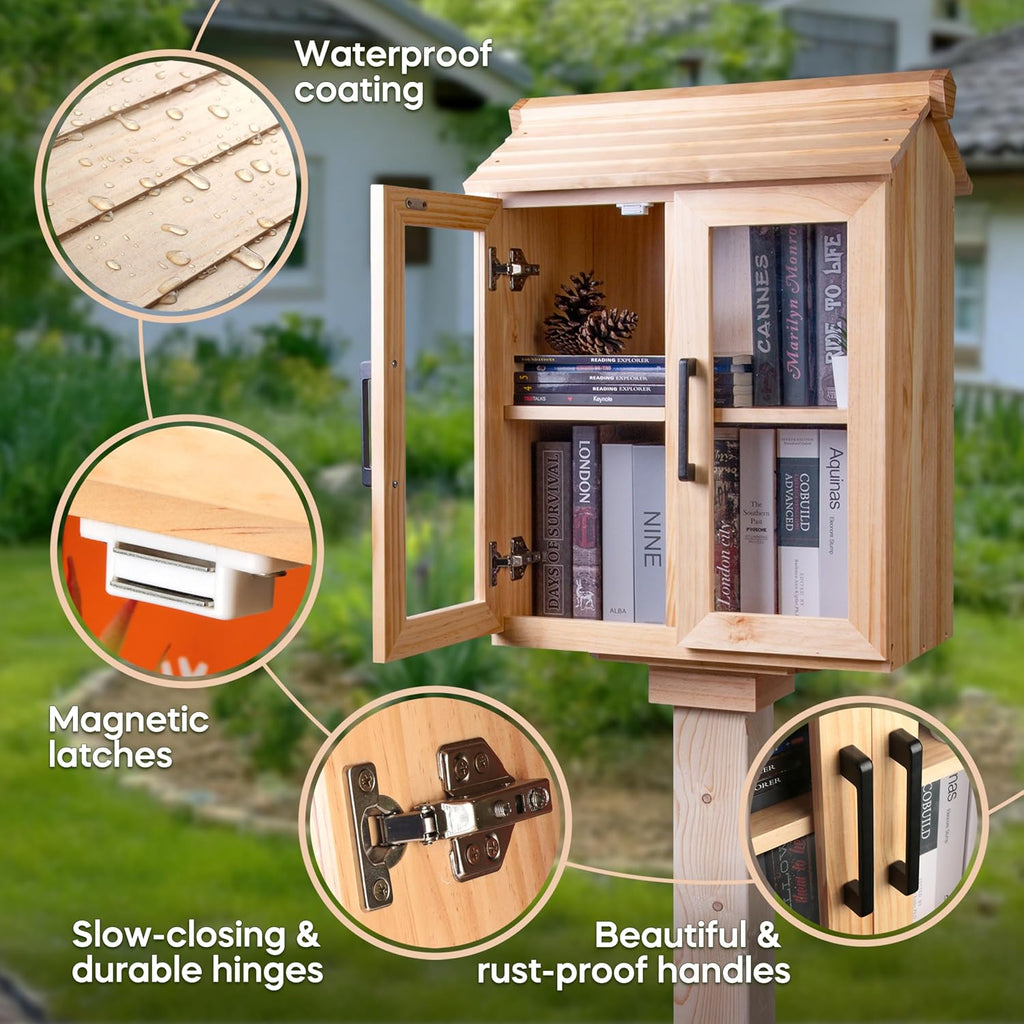 Little Library Box Outdoor Kit with Mount, 2-Tier Book Exchange Box (21×11×26 in), Waterproof Pine Little Free Library Kit with 2 Acrylic Doors, Outdoor Book Storage for Yards, Schools, Parks