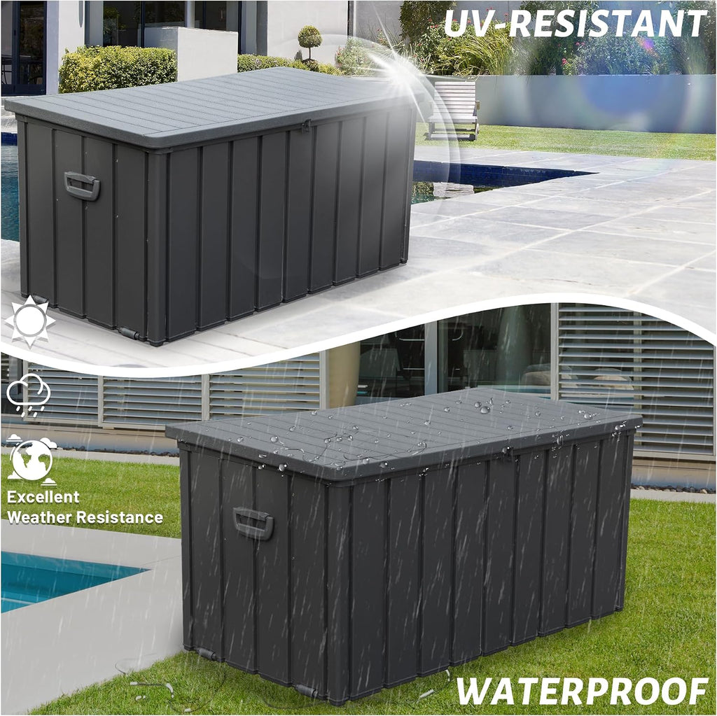 Domi 120 Gallon Deck Box, Outdoor Metal Lockable Storage Cabinet with Resin Lid, Waterproof Steel Outdoor Bench with Lockable Lid, Side Handles for Outside Cushions, Pillows, Garden Tools, Grey