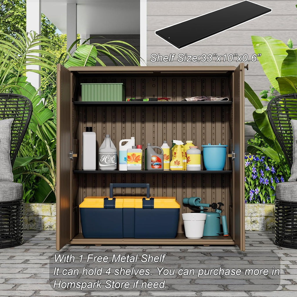 HOMSPARK Indoor/Outdoor Storage Cabinet with Doors and Shelf, 34'x16'x36' HDPE Plastic Storage Box for Patio, Balcony, Multi-Purpose for Tools, Brown