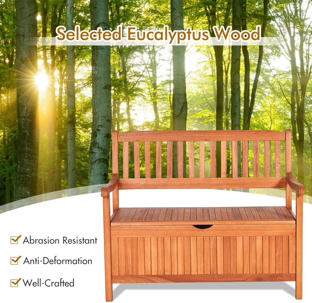 Giantex Wooden Outdoor Bench, Outside Deck Box with Seating, 800 lbs Capacity, Dustproof Liner, Wood Storage Loveseat for Pool Front Porch Garden Lawn Decor, Eucalyptus Patio Bench
