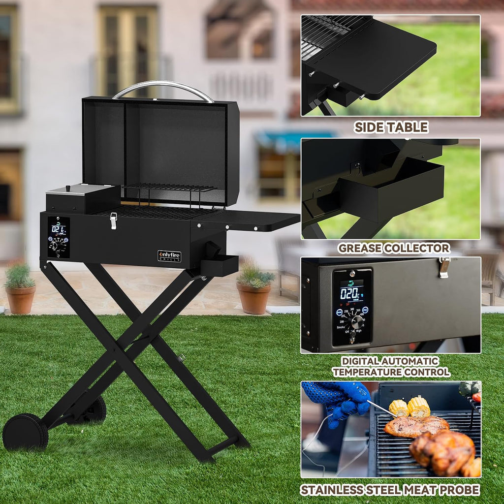 ONLYFIRE GRILLS BBQ Wood Pellet Grill Smoker with Foldable Cart, Meat Probe, 2 Tiers Cooking Area, Portable Grilling Stove for Outdoor Kitchen Cooking Smoke and Roast, RV Camping, Black GS343