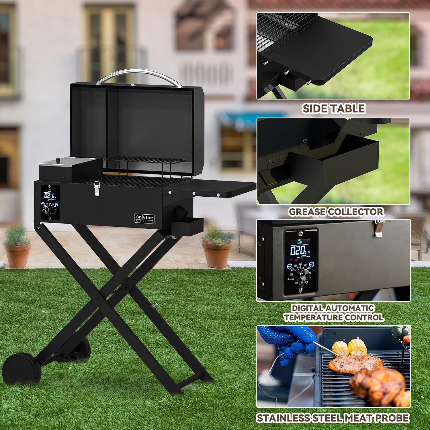 ONLYFIRE GRILLS BBQ Wood Pellet Grill Smoker with Foldable Cart, Meat Probe, 2 Tiers Cooking Area, Portable Grilling Stove for Outdoor Kitchen Cooking Smoke and Roast, RV Camping, Black GS343