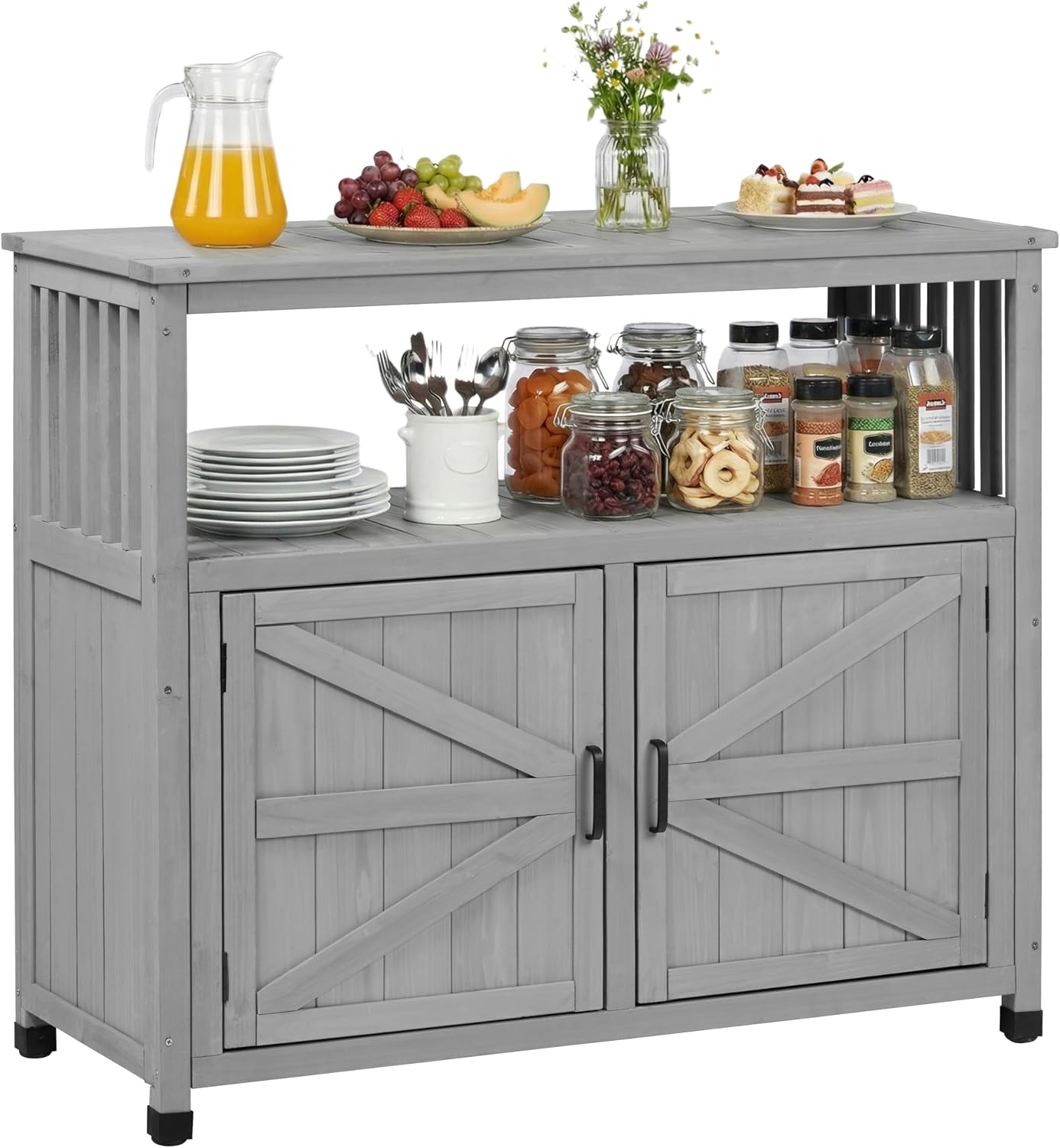 Mederlo Wooden Patio Bar Table with Storage, Cedar Outdoor Buffet Cabinet Sideboard, 42 x 18 x 37 in Serving Station with Double-Layer Tabletop for Patio, Deck, Backyard, Indoor