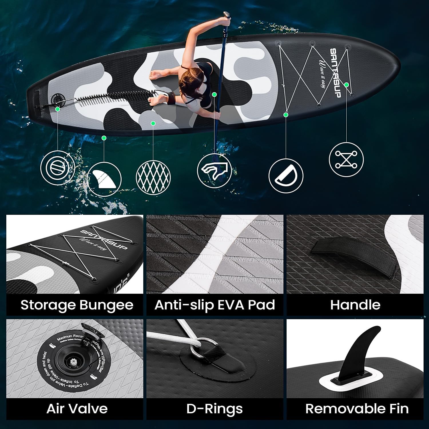 Inflatable Stand Up Paddle Board with SUP Accessories, Anti-Slip EVA Deck, 10'6'/11' Wide Stance Board, Sup Board for Adults & Youth of All Skill Levels Backpack