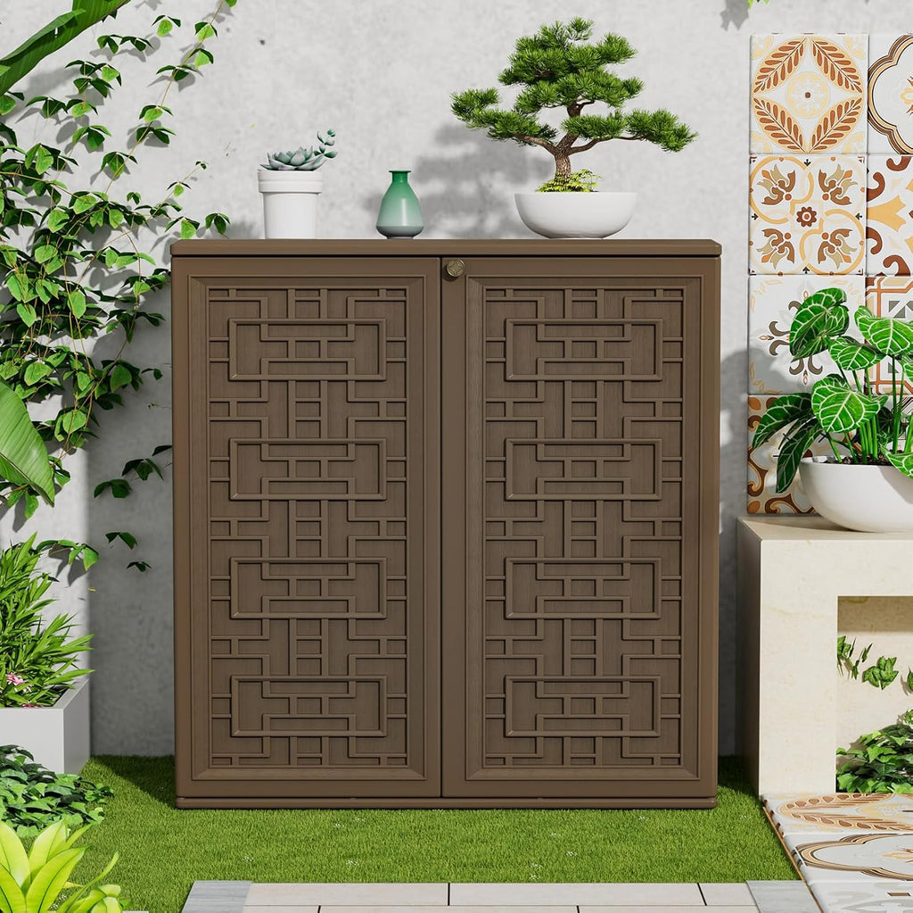HOMSPARK Indoor/Outdoor Storage Cabinet with Doors and Shelf, 34'x16'x36' HDPE Plastic Storage Box for Patio, Balcony, Multi-Purpose for Tools, Brown
