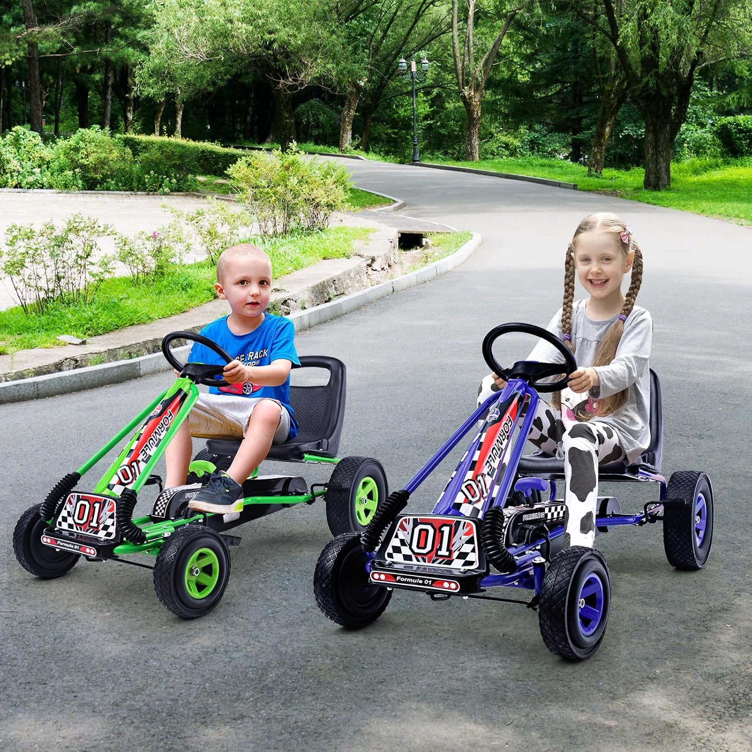 HONEY JOY Go Kart for Kids, 4 Wheel Quad Off-Road Pedal On Foot Go Cart w/Steering Wheels & Adjustable Seat, 2 Safety Brakes, EVA Tires, Clutch, Outdoor Racer Ride On Pedal Car (Green)