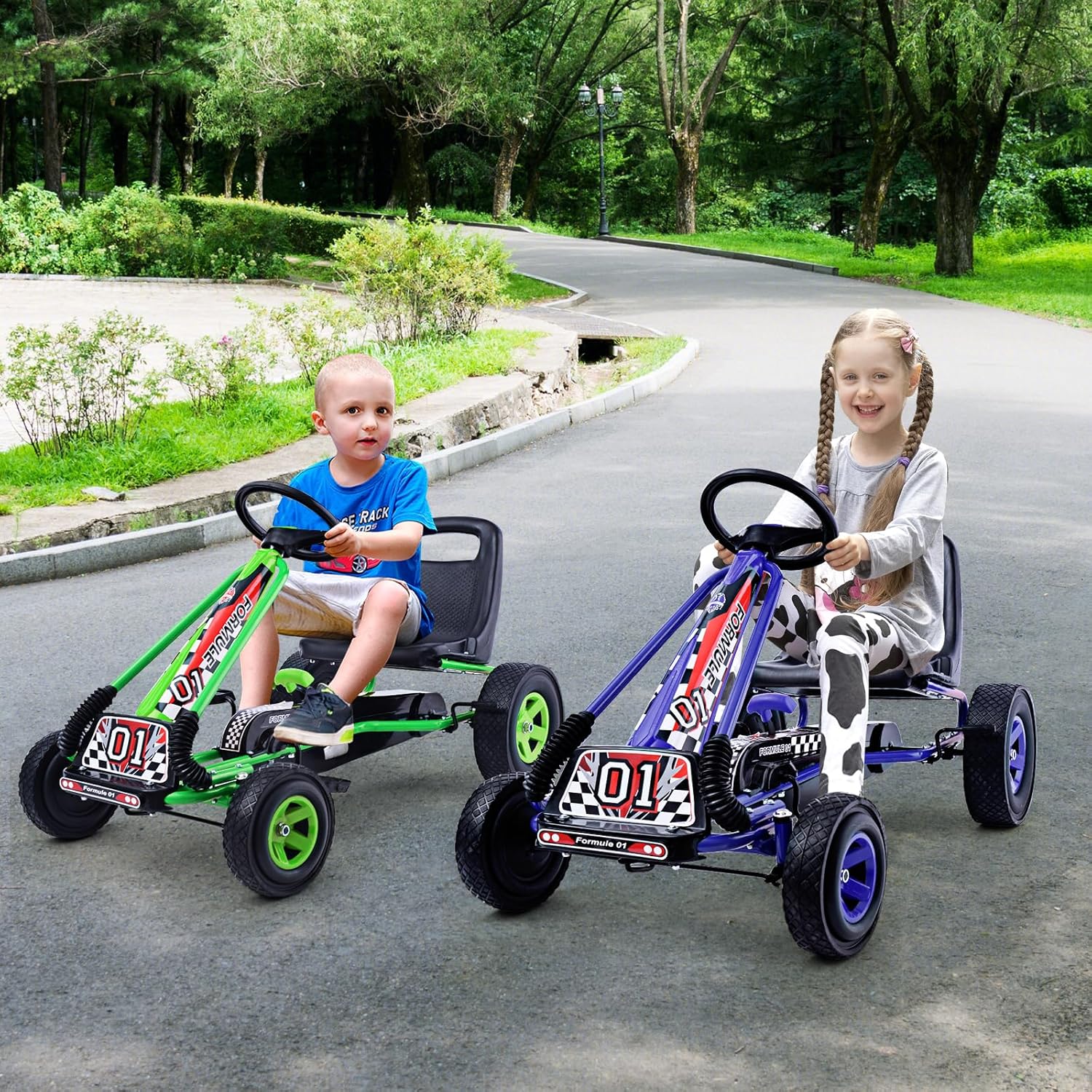 HONEY JOY Go Kart for Kids, 4 Wheel Quad Off-Road Pedal On Foot Go Cart w/Steering Wheels & Adjustable Seat, 2 Safety Brakes, EVA Tires, Clutch, Outdoor Racer Ride On Pedal Car (Blue)