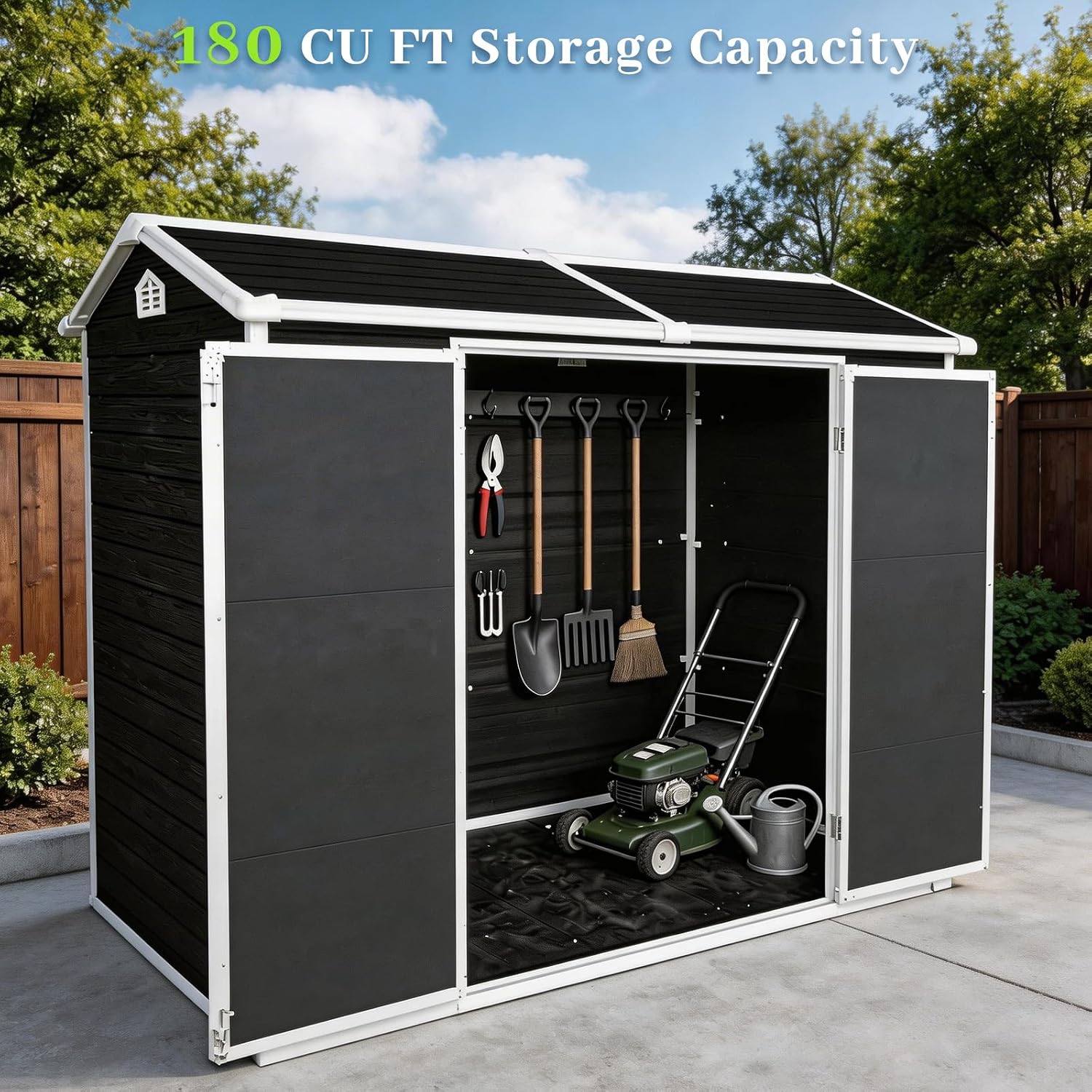 8x4 FT Resin Shed with Floor Included, Plastic Sheds & Outdoor Storage Clearance with 2 Windows and Lockable Door for Backyard, Bike, Garden Tools (Black)
