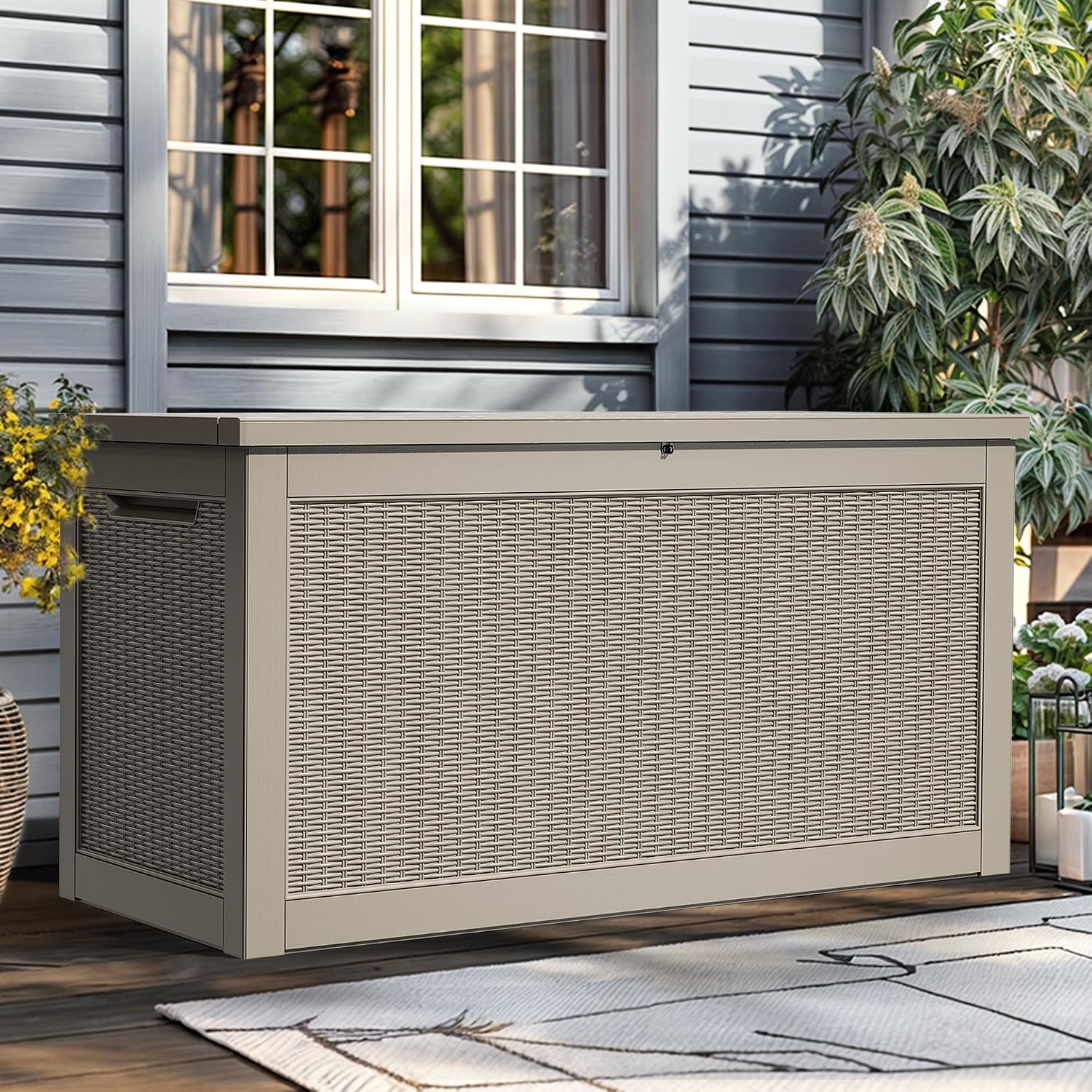 YITAHOME XXL 320 Gal Large Deck Box, Outdoor Resin Storage Box, Rattan Storage Container for Patio Furniture, Garden Tools, Waterproof, Lockable (Brown)