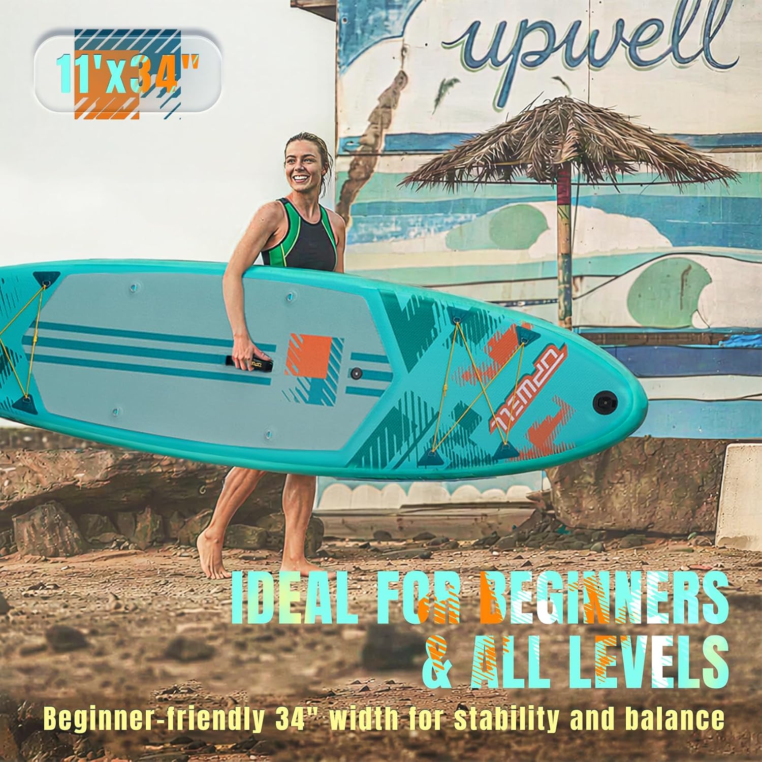 UPWELL 11'×34' Stand Up Paddle Board, SUP Board for Adults & Teens, Inflatable SUP Board with Premium Accessories, 120L Backpack, Paddle, Leash, Hand Pump, Fins