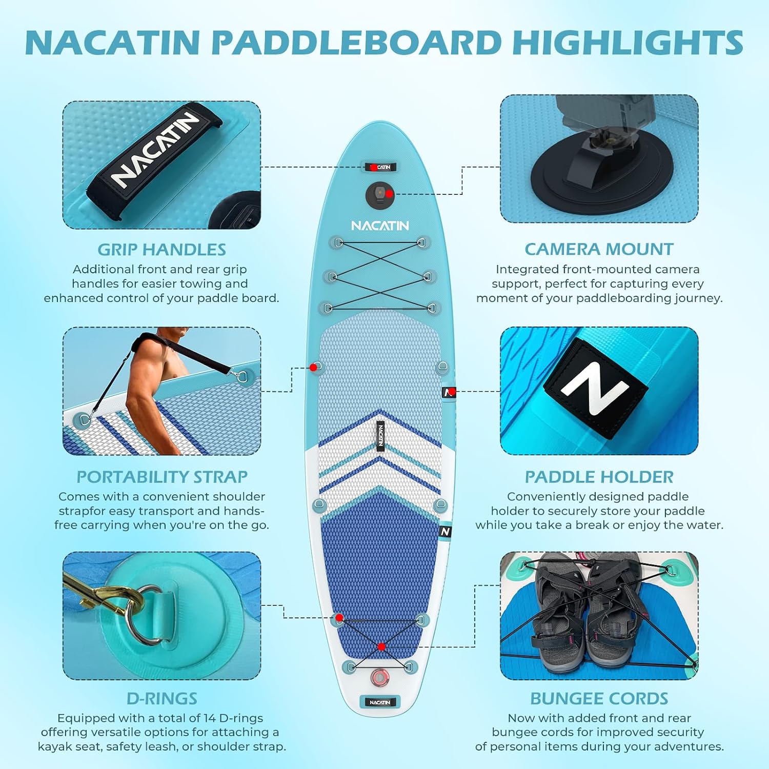 NACATIN Inflatable Stand Up Paddle Board,10'6'Upgrade Version Blow Up Paddle Boards for Adults with Premium SUP Accessories& Backpack,Adjustable Paddle,Camera Mount,Hand Pump, for Lake, River, Yoga