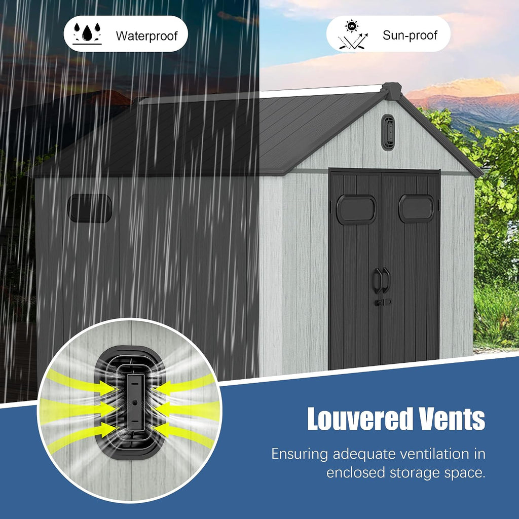 Domi 8x15.5FT Outdoor Resin Storage Shed with Transparent Windows & Louvered Vents, Plastic Tool Shed with Double Lockable Doors & Gable Roof, Outside Garden Shed for Backyard, Patio, Lawn, Grey