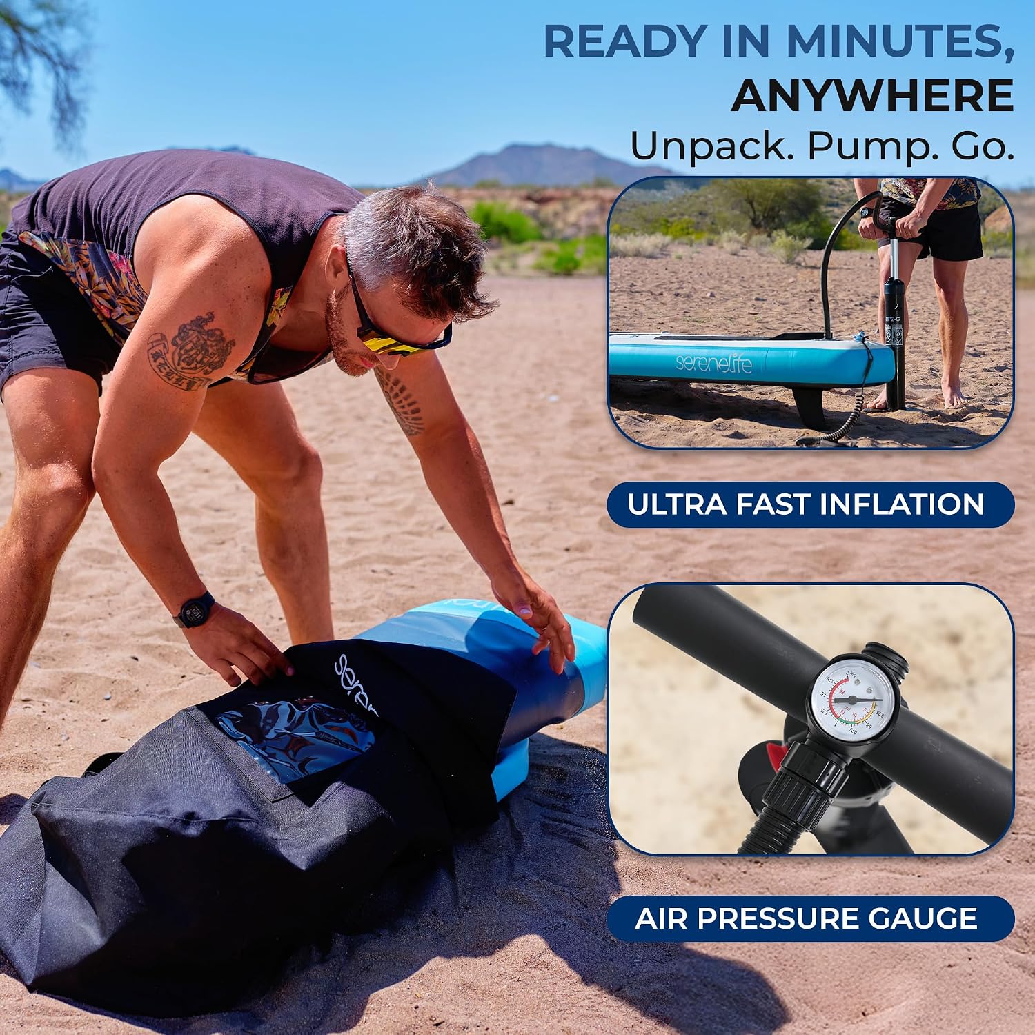 SereneLife Inflatable Stand Up Paddle Board, Wide Stable Design with Non-Slip EVA Deck Pad, Includes Premium SUP Accessories, for Youth and Adults
