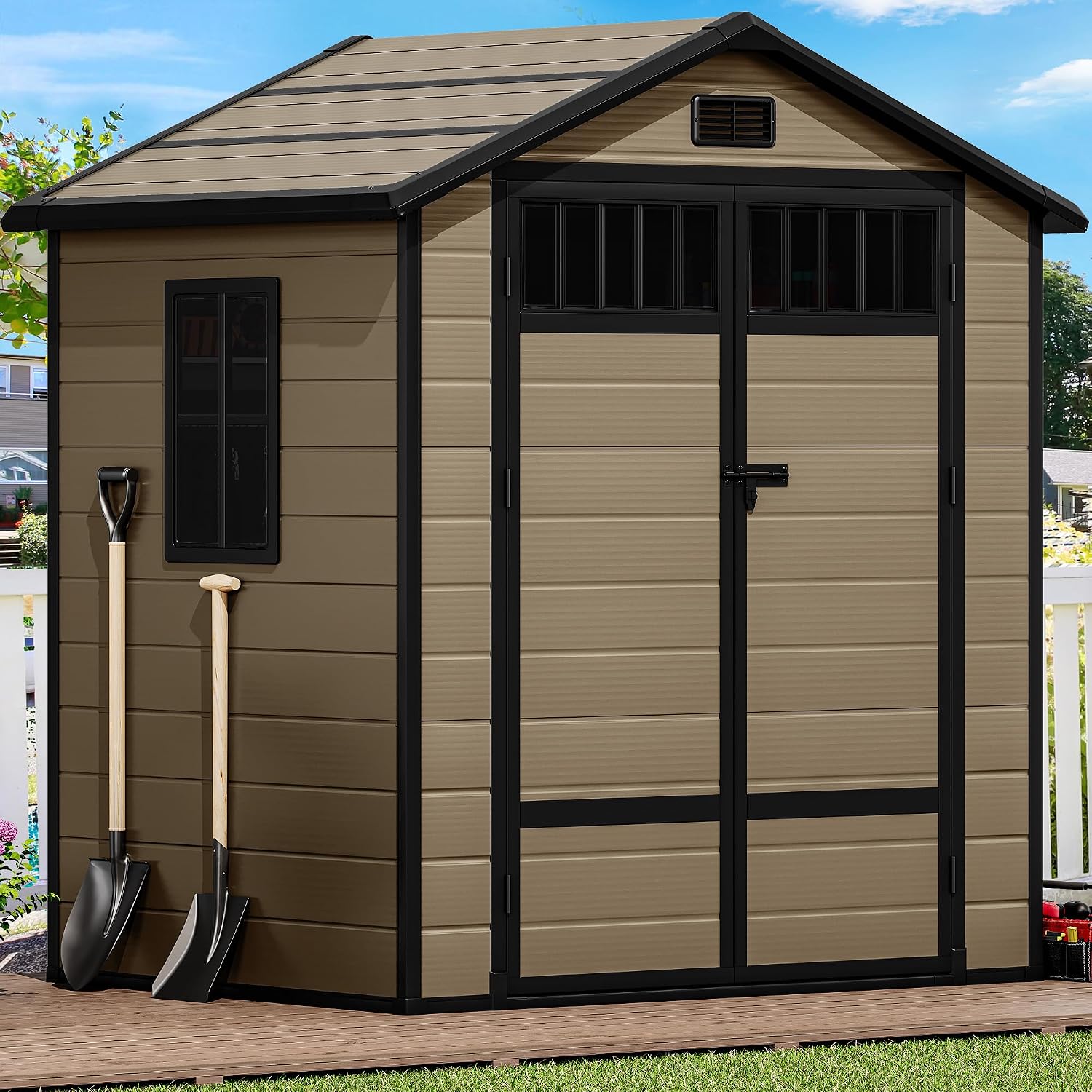 DWVO 6x4.4 FT Resin Storage Shed with Fence-Style and Side Windows, Lockable Door, and Vents Outdoor Storage Shed for Garden, Backyard, Patio, Lawn
