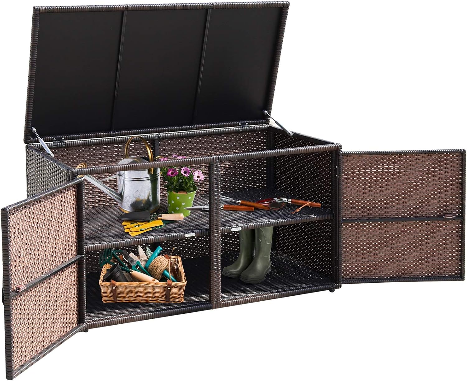 HAPPYGRILL Deck Box Outdoor Wicker Storage Box Cabinet 73 Gallon Storage Container Bin Box for Furniture Tools in Garden Balcony Porch Yard