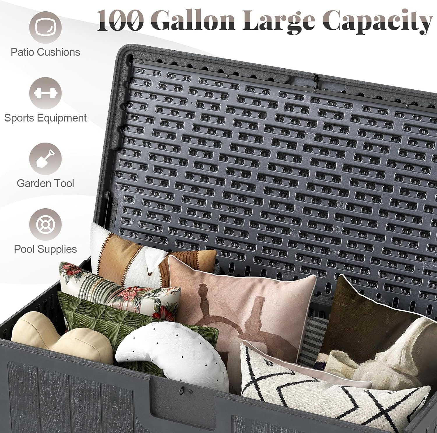 HAPPYGRILL Outdoor Storage Deck Box with Lockable Design & Gas Strut, Handle, 100 Gallon HDPE Patio Storage Organizer for Lawn Backyard Poolside (Gray)