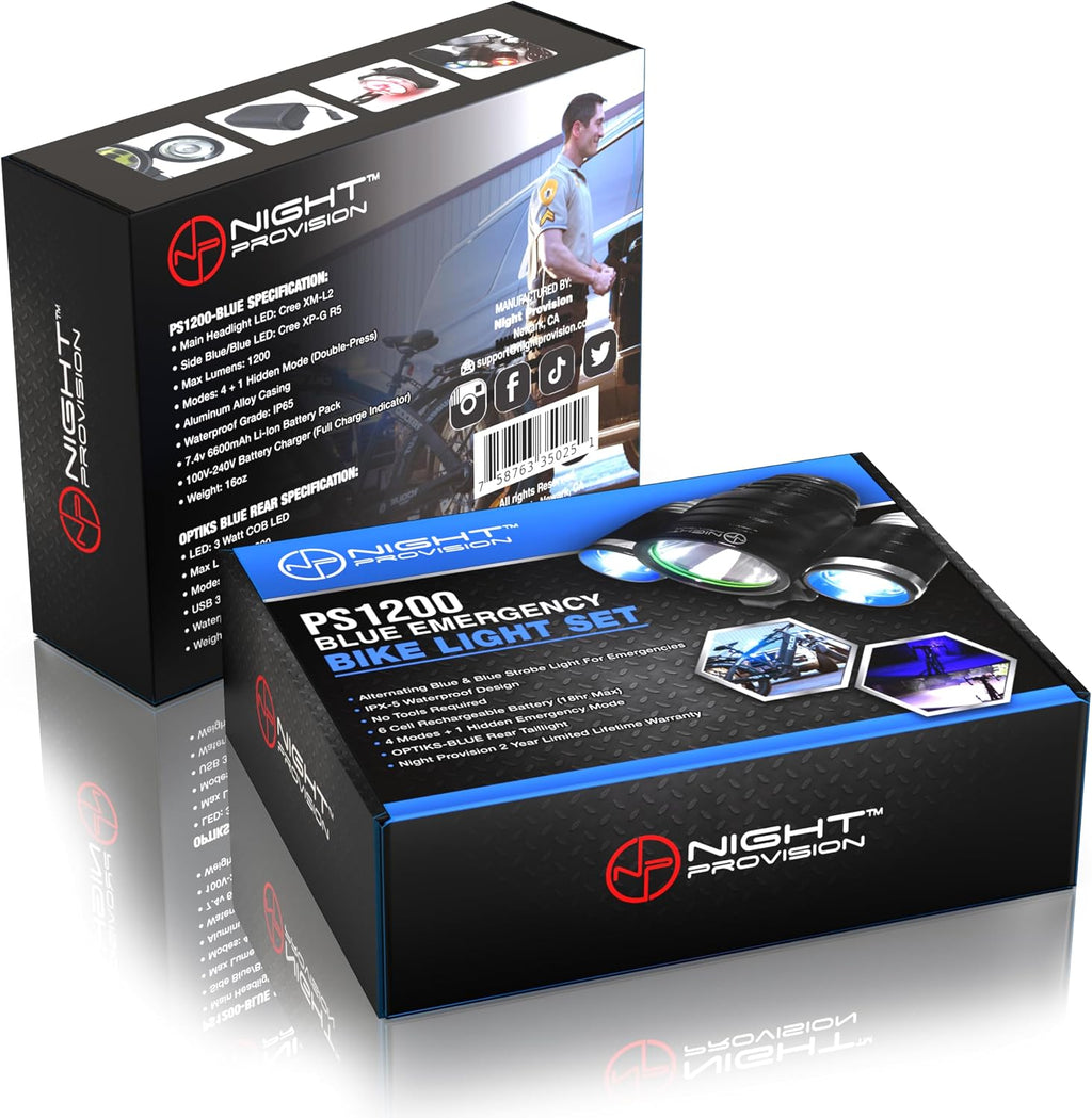 NP NIGHT PROVISION PS1200-BLUE Front & OPTIKS-Blue Emergency Patrol Bike Light - Blue/Blue Strobe LED - Rechargeable - Water Proof - 5 Modes. for Police Officers, EMS, Volunteers, and Security