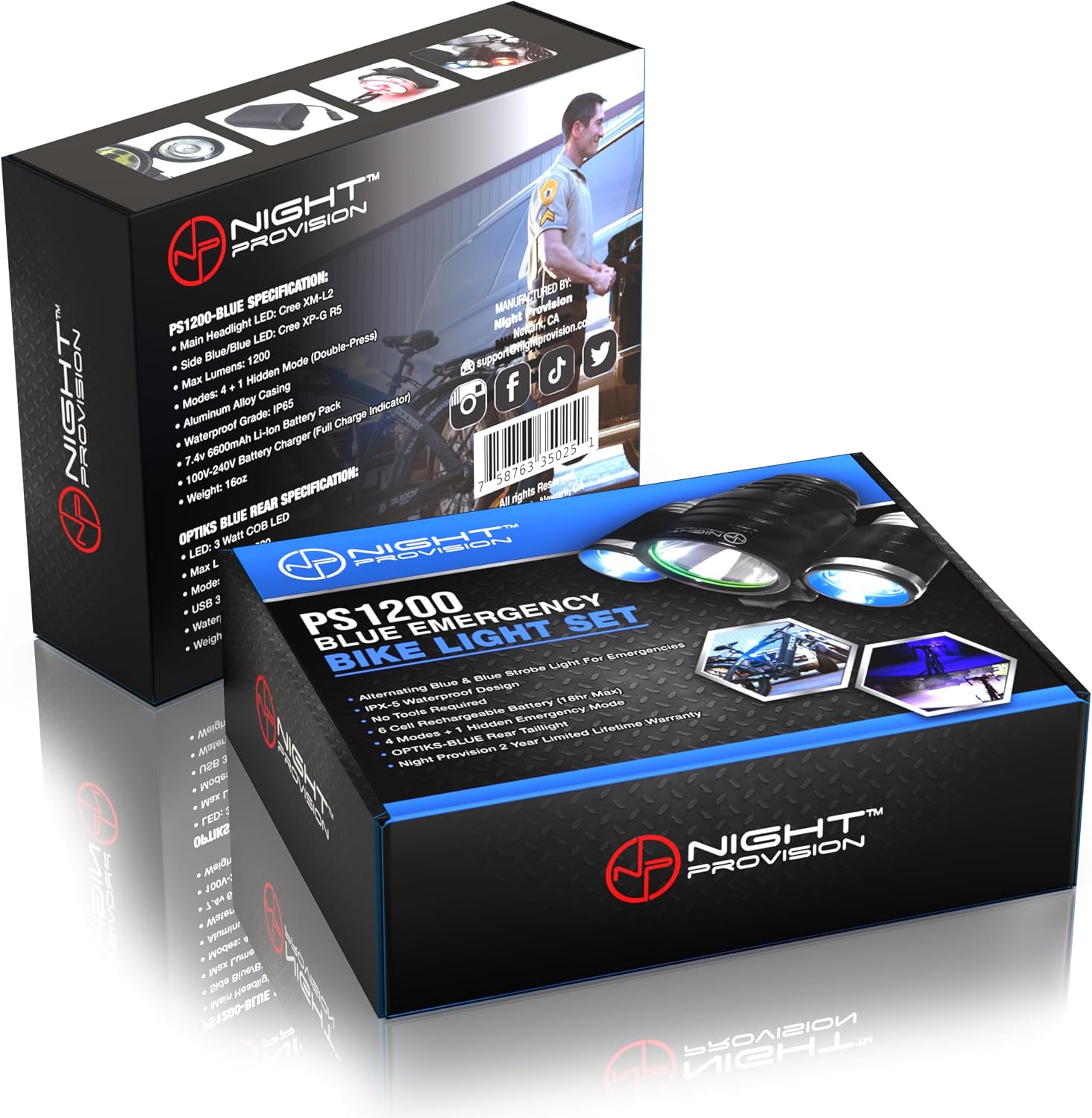 NP NIGHT PROVISION PS1200-BLUE Front & OPTIKS-Blue Emergency Patrol Bike Light - Blue/Blue Strobe LED - Rechargeable - Water Proof - 5 Modes. for Police Officers, EMS, Volunteers, and Security