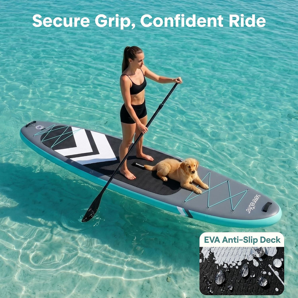 SereneLife Ultra-Light Inflatable Stand Up Paddle Board with Premium SUP Accessories - Extra Wide Stable Design with Non-Slip EVA Deck Pad for Youth and Adults of All Skill Levels - 350 lbs Capacity