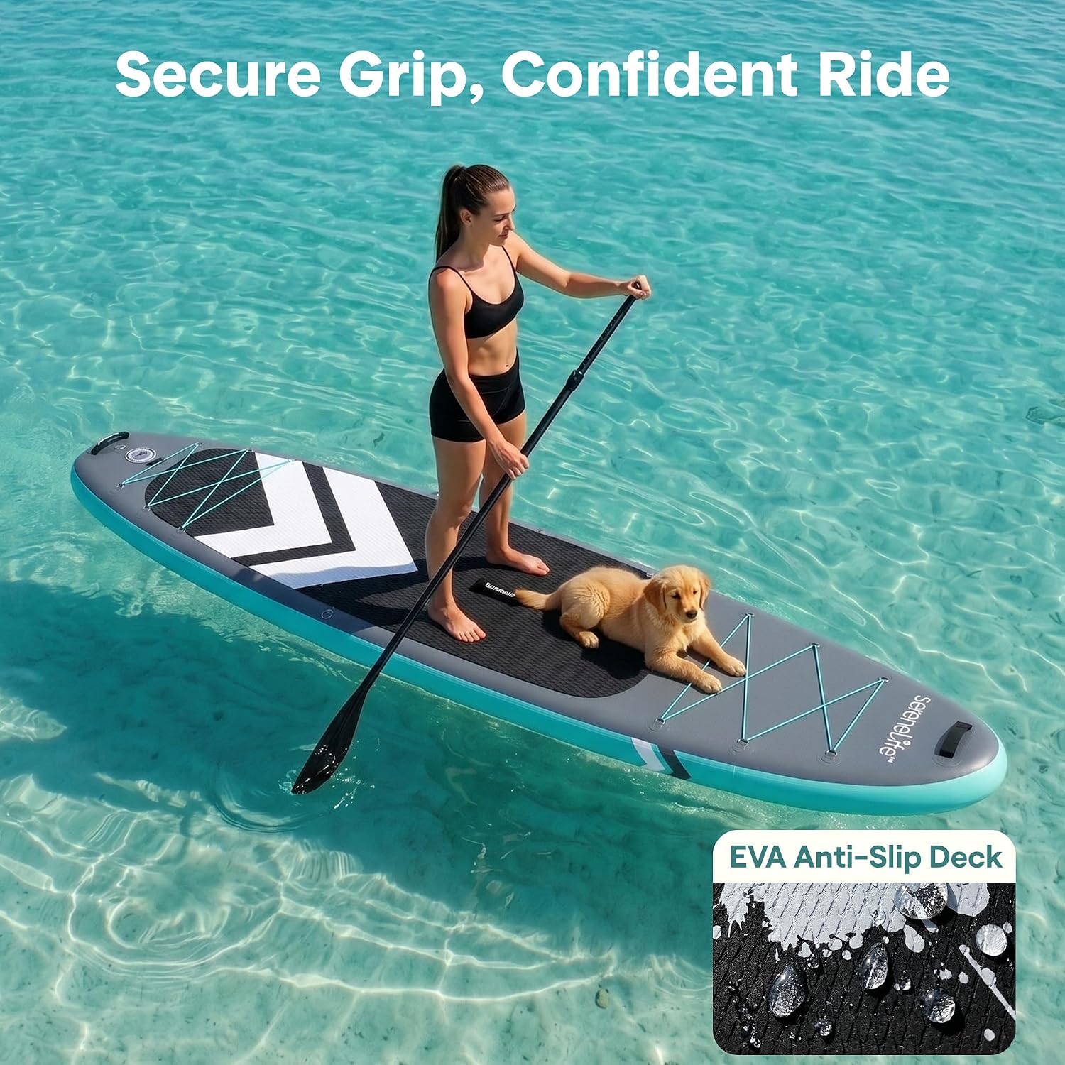 SereneLife Ultra-Light Inflatable Stand Up Paddle Board with Premium SUP Accessories - Extra Wide Stable Design with Non-Slip EVA Deck Pad for Youth and Adults of All Skill Levels - 350 lbs Capacity
