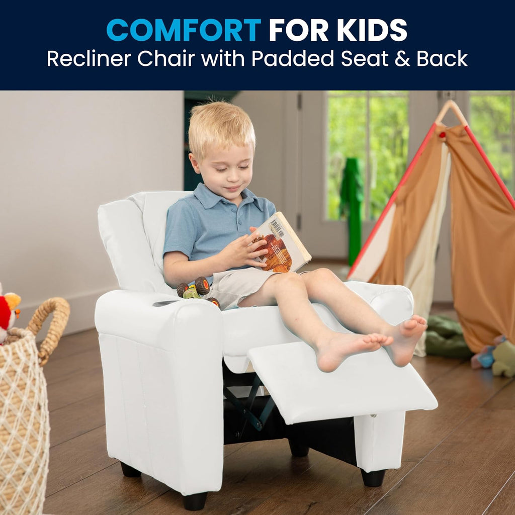 Flash Furniture Vana Vinyl Kids Recliner with Cup Holder, Headrest, and Safety Recline, Contemporary Reclining Chair for Kids, Supports up to 90 lbs., White