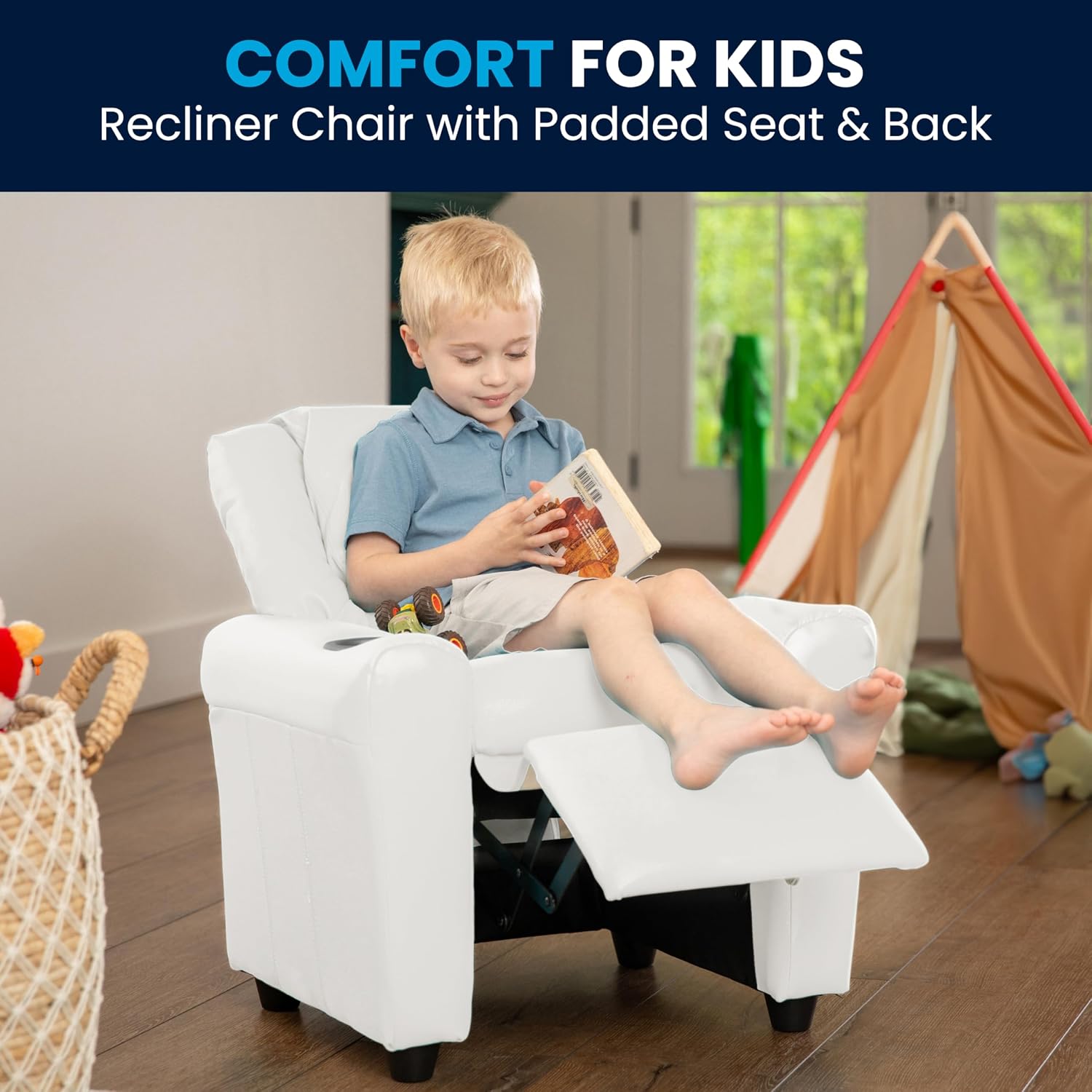 Flash Furniture Vana Vinyl Kids Recliner with Cup Holder, Headrest, and Safety Recline, Contemporary Reclining Chair for Kids, Supports up to 90 lbs., White