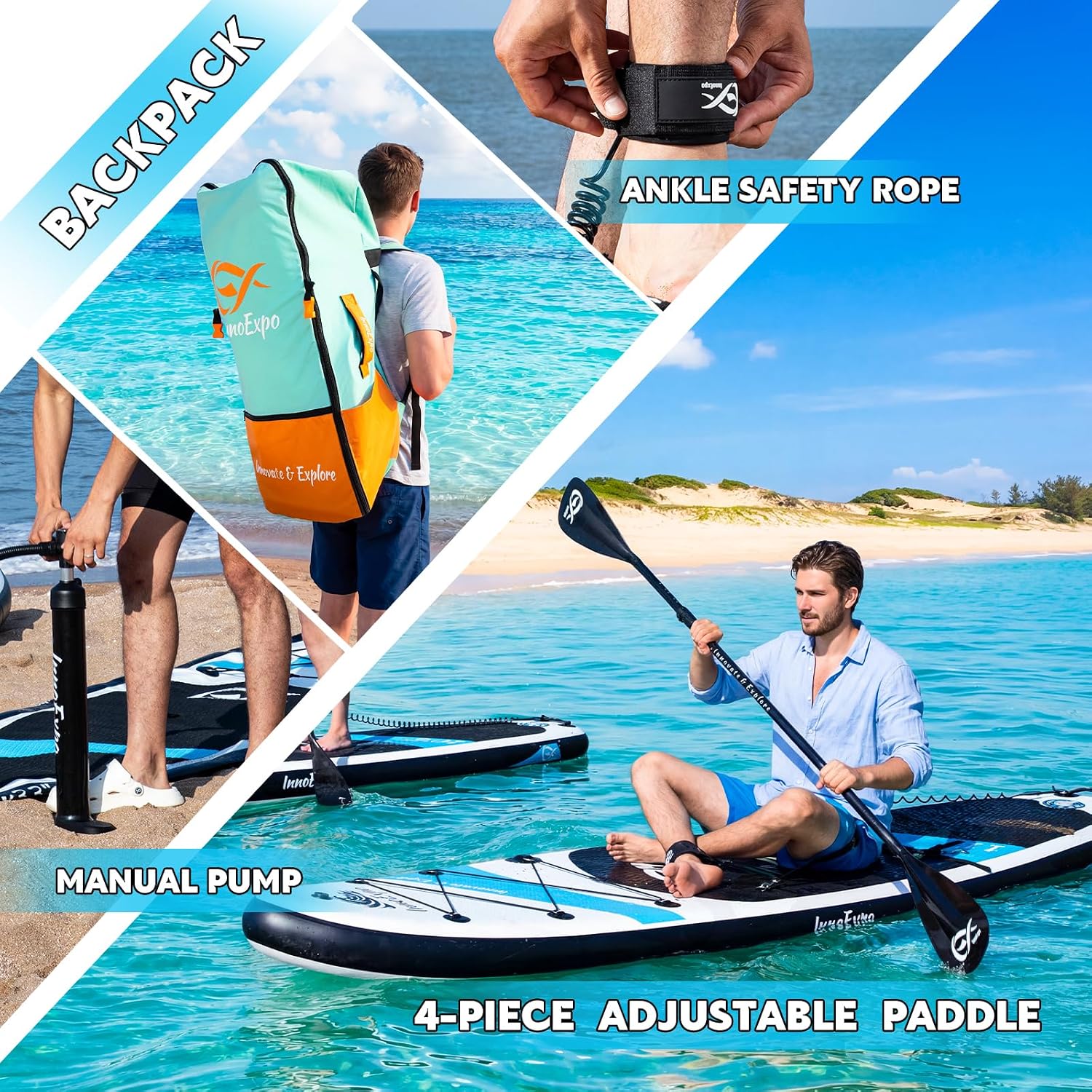 InnoExpo Inflatable Stand Up Paddle Boards with Premium Accessories, Wide Stable SUP Paddle Board Design, Non-Slip Comfort Deck for Youth & Adults