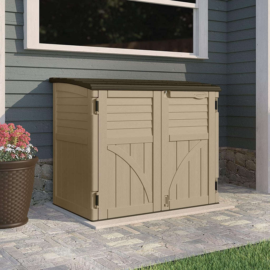 Suncast Horizontal Shed, Compact Outdoor Storage System, 34 Cu. Ft. Capacity, Sand & Slate - Lockable Multi-Wall Resin Organizer for Garbage Cans, Garden Tools, Bins, Bikes and Yard Equipment