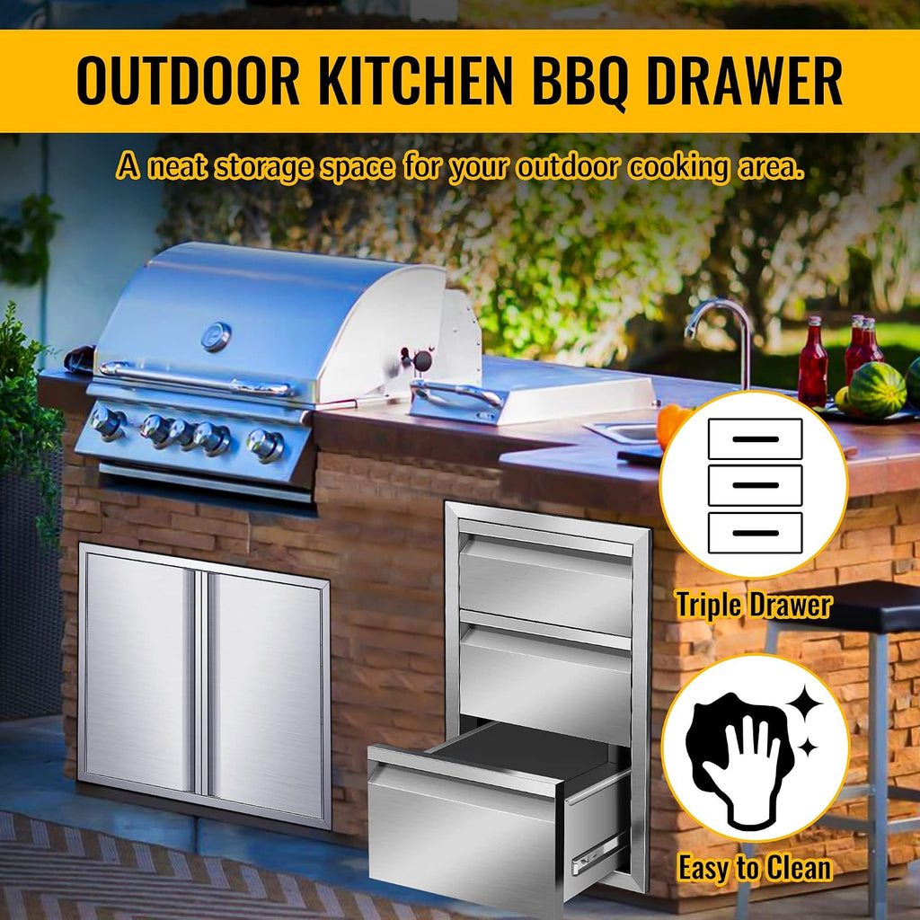 Outdoor Kitchen Stainless Steel Triple Access Drawers 17W x 30H x 21D with Paper Towel Holder Combo for Outdoor Kitchen Island or Grill Station