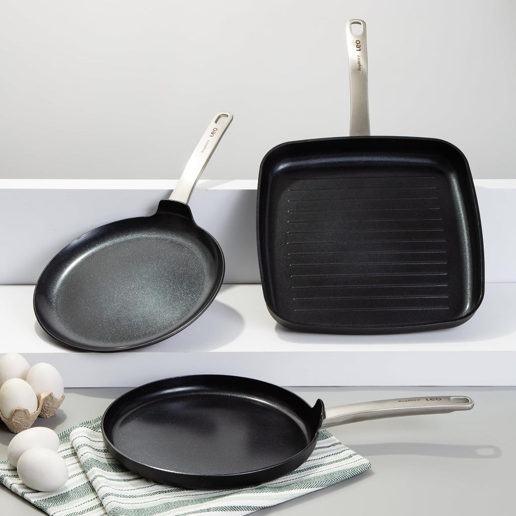 Berghoff Graphite Non-stick Ceramic Square Grill Pan 11', Recycled Aluminum, CeraGreen Non-toxic Nonstick Coating, Full Disk Bottom, Oven-to-Table Cookware
