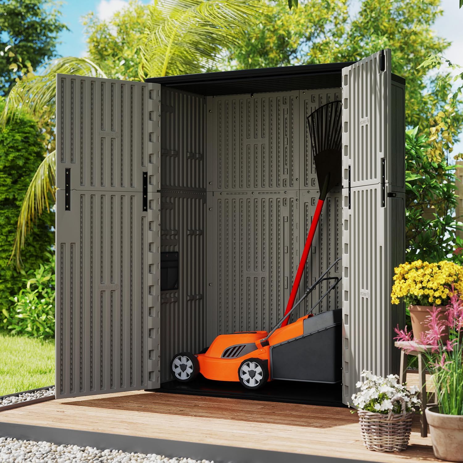 ZZM 57 Cu.ft Outdoor Storage Shed with Floor HDPE Double-Wall Resin Sheds Outdoor Storage, Lockable Weatherproof Storage Cabinet Fit for Garden Tools, Garage can, Bike, Patio Furniture, Brown