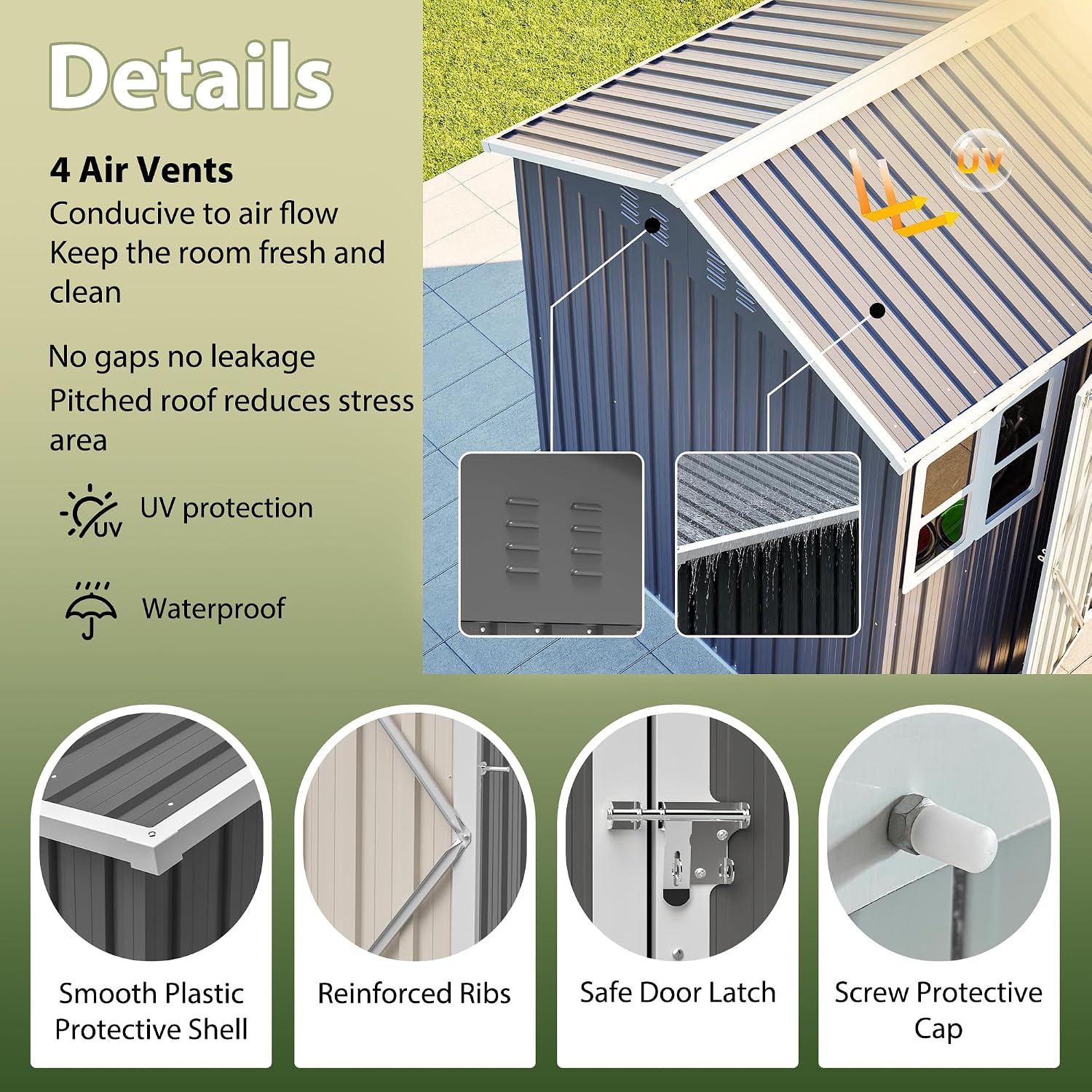 8X 6ft Outdoor Storage Shed with Clear Window, Heavy-Duty Tool Shed with Breathable Vent and Lockable Doors, Weather Resistant Steel Garden Shed