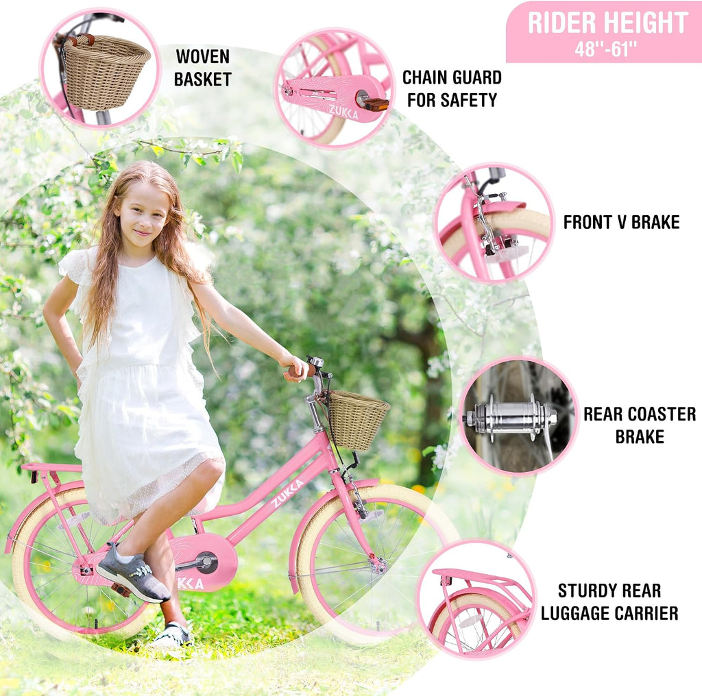 20'/24' Inch Girls Cruiser Bike 1-Speed Hybrid City Bicycle for Youth 7-10+ Years Old with Wicker Basket & Rear Rack，Kids Cycle Bikes，Hand&Pedal Brake，Steel Frame，Multiple Colors