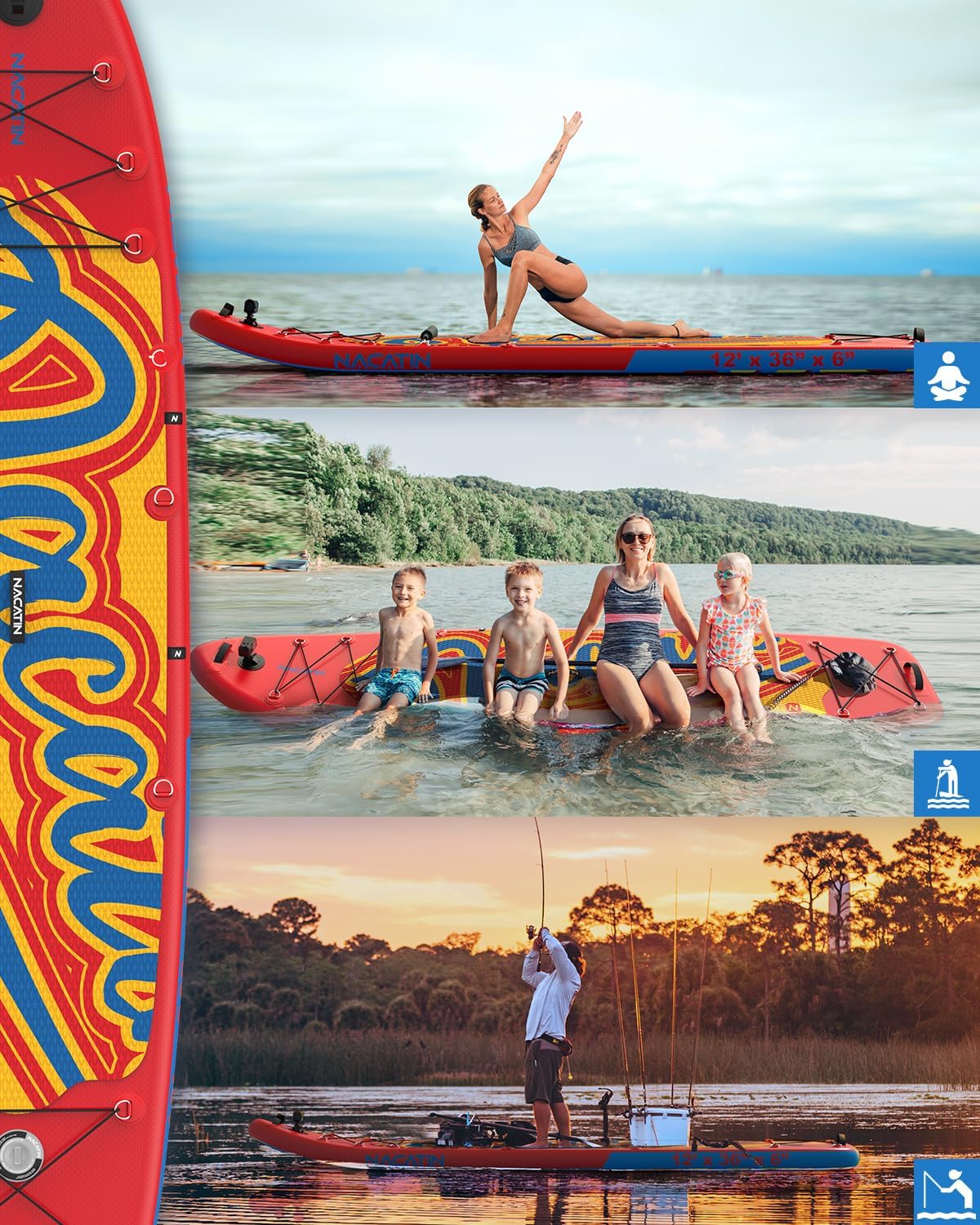 NACATIN 12'/366cm Extra Large Inflatable Stand Up Paddle Board with Seat, Wide 36'/91cm SUP Board for Adults & Family, with Single/Double Paddle, Kayak Seat, Pump, Stable Wide Deck for Beginners