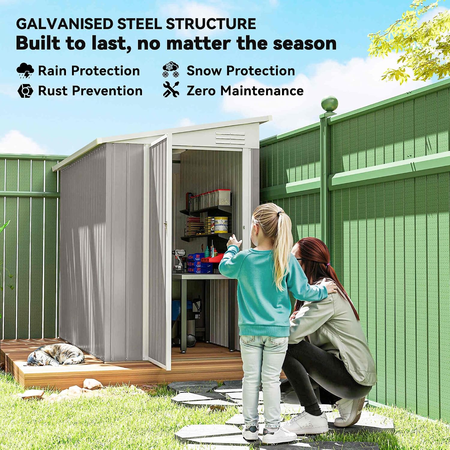 Outsunny 4' x 8' Metal Outdoor Storage Shed, Lean to Storage Shed, Garden Tool Storage House with Lockable Door and 2 Air Vents for Backyard, Patio, Lawn, Light Gray