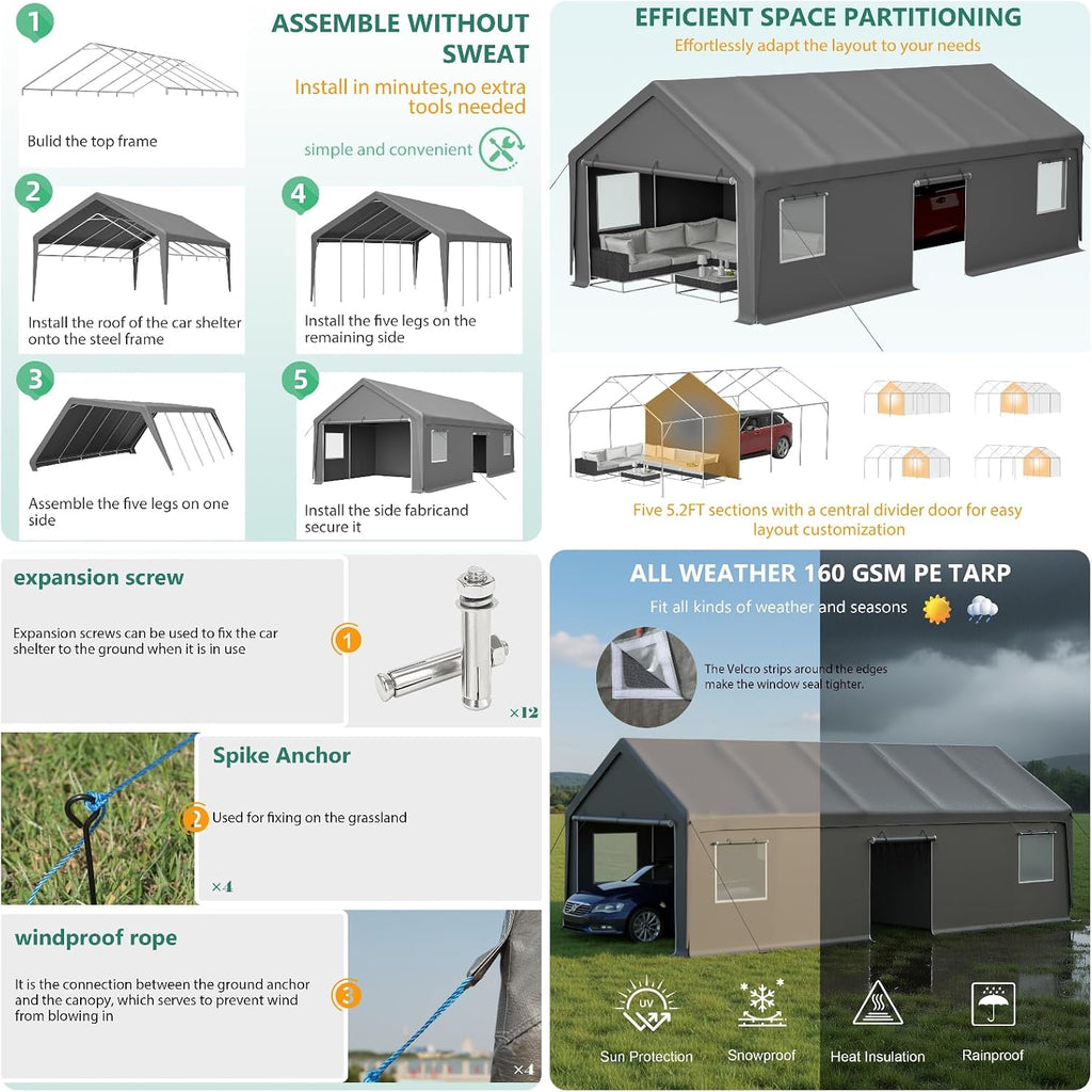 13x26 FT Heavy Duty Carport, Outdoor Storage Shed Tent with 2 Roll-Up Doors, 1 Side Door, Removable End Walls & Windows, All-Weather Portable Garage Shelter with 12-Leg Stability Frame, Grey
