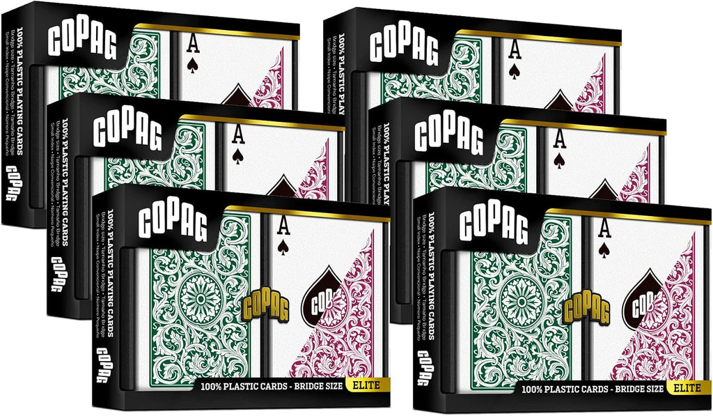 Copag 1546 Design 100% Plastic Playing Cards, Bridge Size (Narrow) Green/Burgundy (Standard Index, 6 Sets)