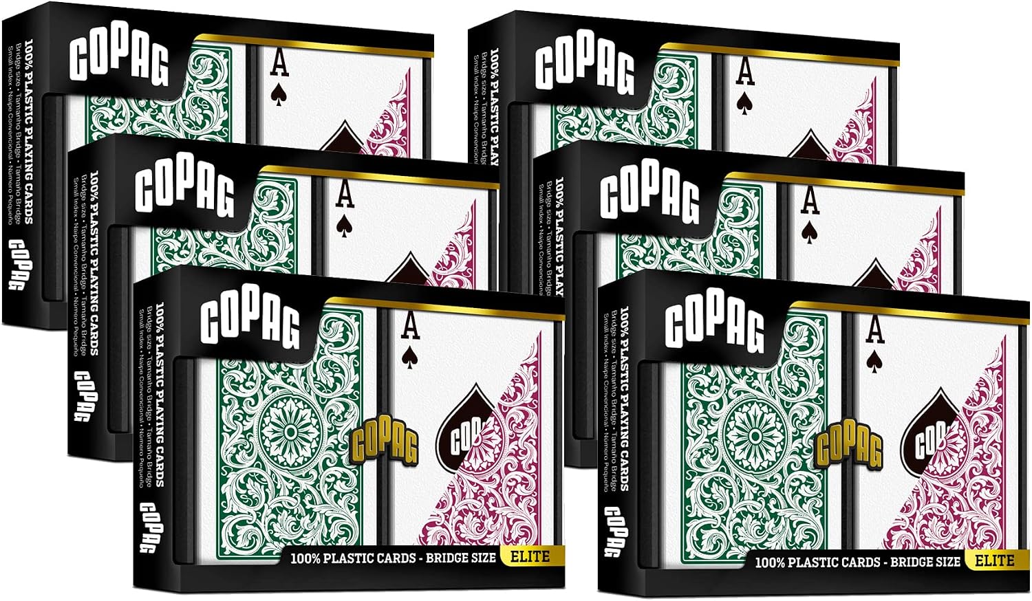 Copag 1546 Design 100% Plastic Playing Cards, Bridge Size (Narrow) Green/Burgundy (Standard Index, 6 Sets)