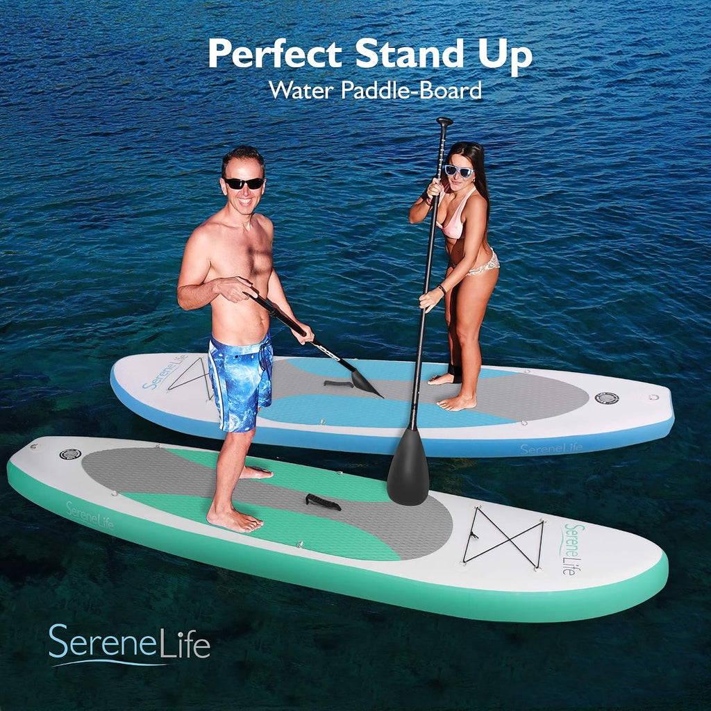 SereneLife Inflatable Stand Up Paddle Board with Premium SUP Accessories – Wide Stable Design with Non-Slip EVA Deck Pad for Adults and Youth of All Skill Levels, 350 lbs Capacity
