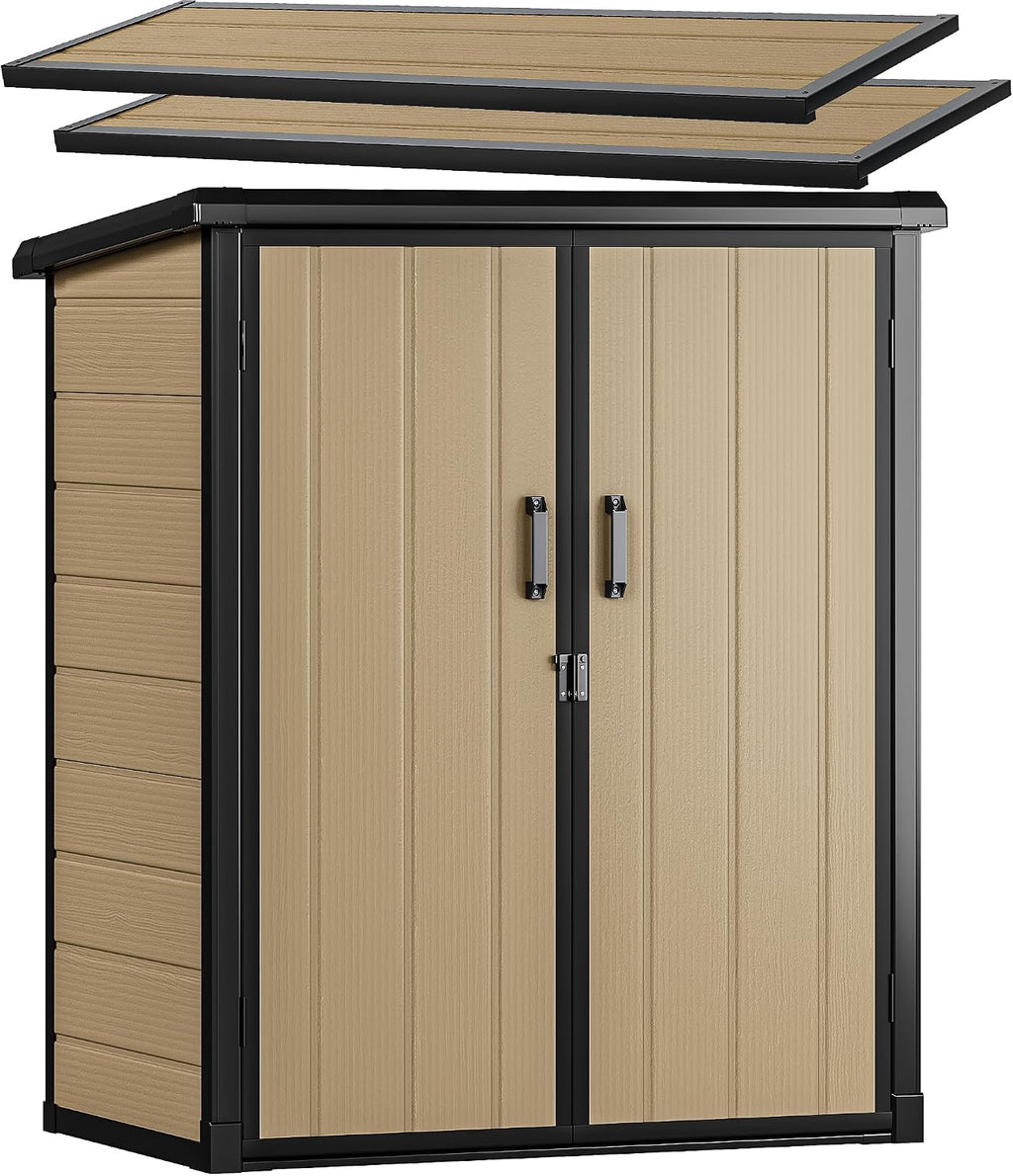 DWVO 54 cuft Outdoor Storage Shed with 2 Shelves, 4.2x2.6x5ft Vertical Tool Shed with Floor & Lockable Doors, Sturdy Double-Wall Plastic Cabinet for Garbage Cans and Garden Equipment (Brown)