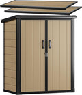 DWVO 54 cuft Outdoor Storage Shed with 2 Shelves, 4.2x2.6x5ft Vertical Tool Shed with Floor & Lockable Doors, Sturdy Double-Wall Plastic Cabinet for Garbage Cans and Garden Equipment (Brown)