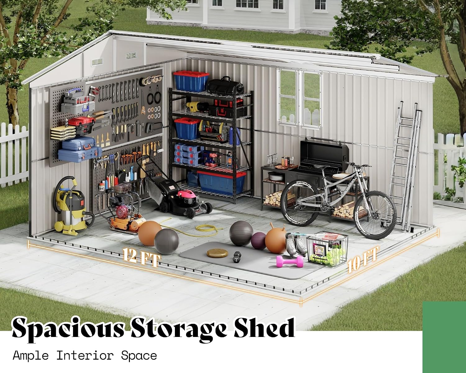 AMERLIFE 10x12x7 FT Outdoor Storage Shed with 2 Transparent Panels, Metal Garden Shed with Hinged Double Doors, 2 Windows & 4 Vents, Reinforced Steel Frame for Garden, Backyard, Dark Gray