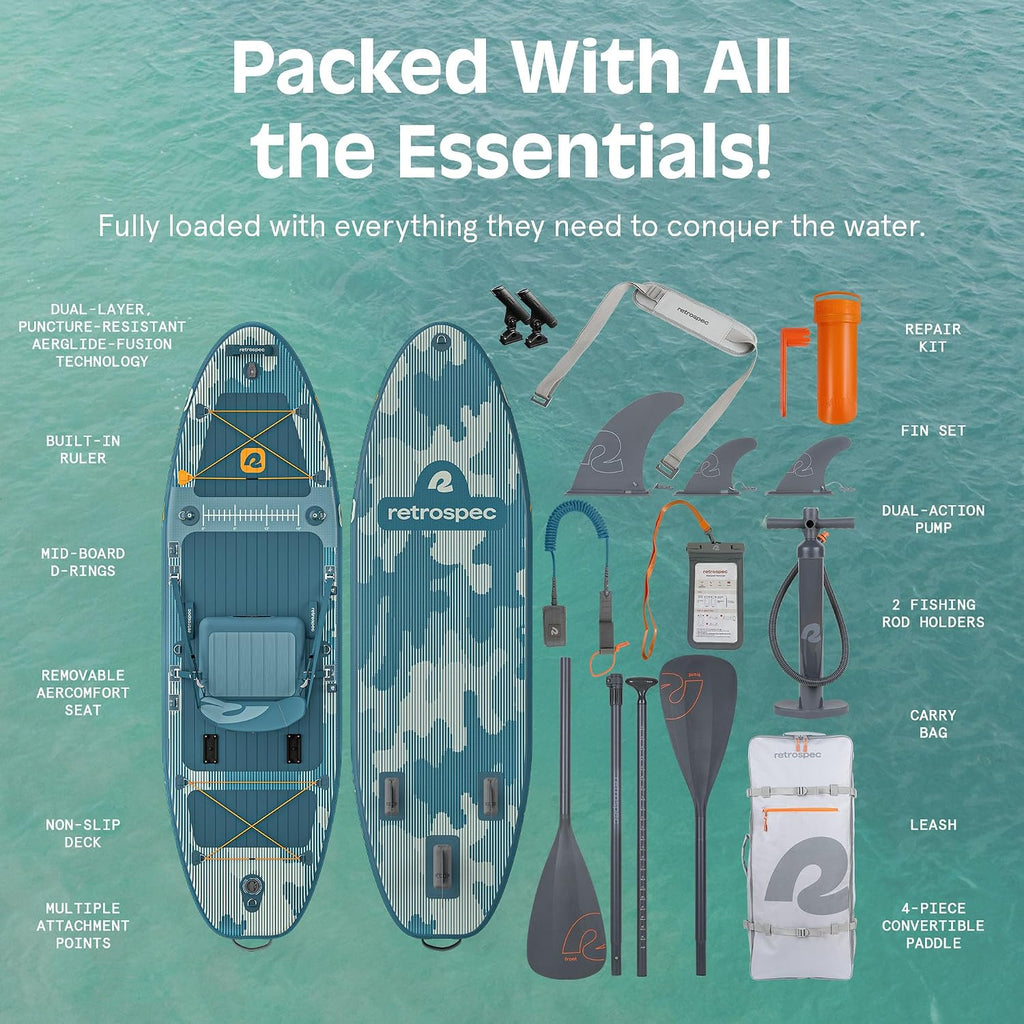 Retrospec June Nano Kids Inflatable Fishing Paddle Board SUP Kayak: 9'6' Hybrid Paddleboard with Rod Holders, Removable Seat - Lightweight Portable Youth Fishing Board