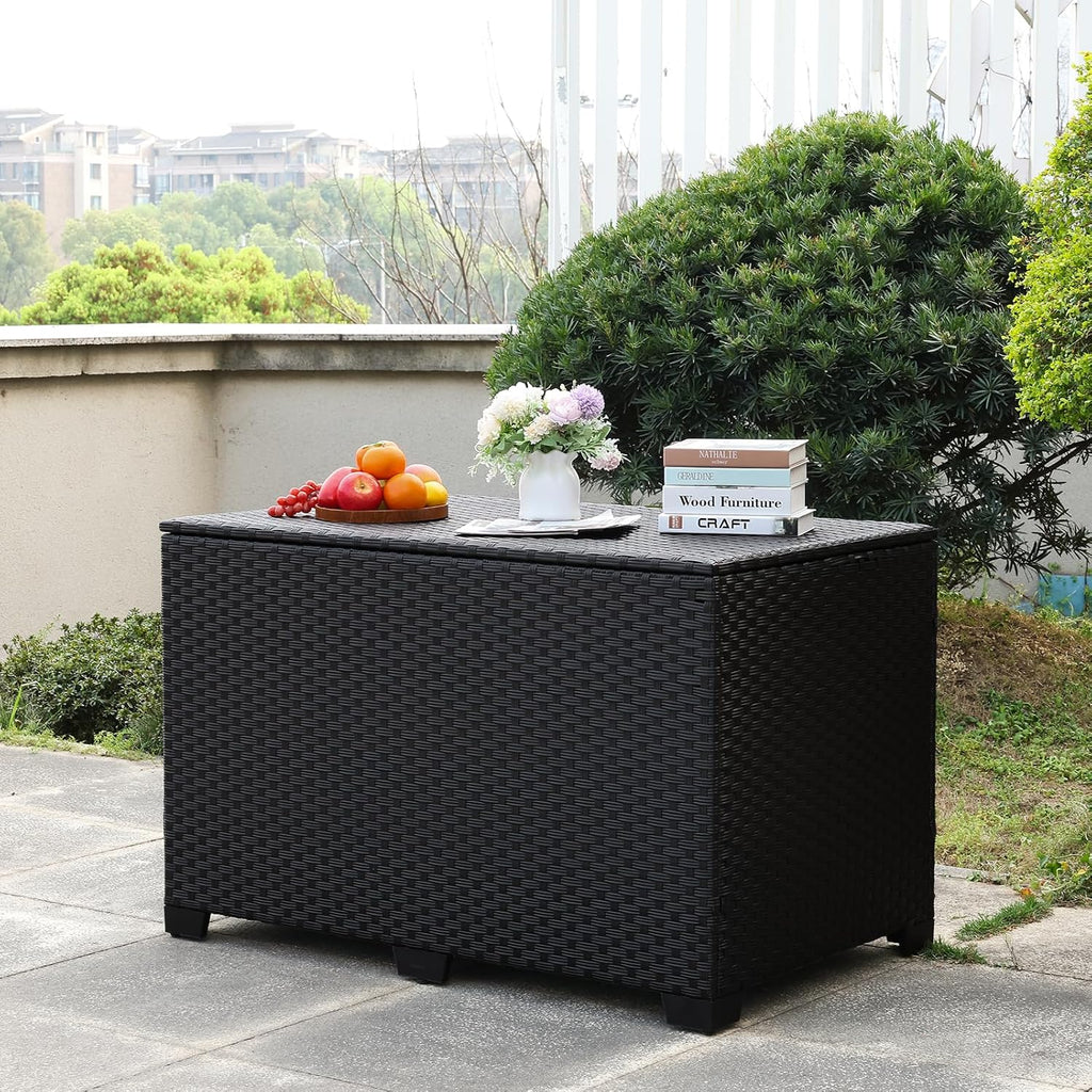 Rattaner Wicker Outdoor Storage Box 140 Gallon Patio Storage Bin with Waterproof Lining Bag Large Deck Box and Cushion Storage Bin Outdoor, Black Wicker